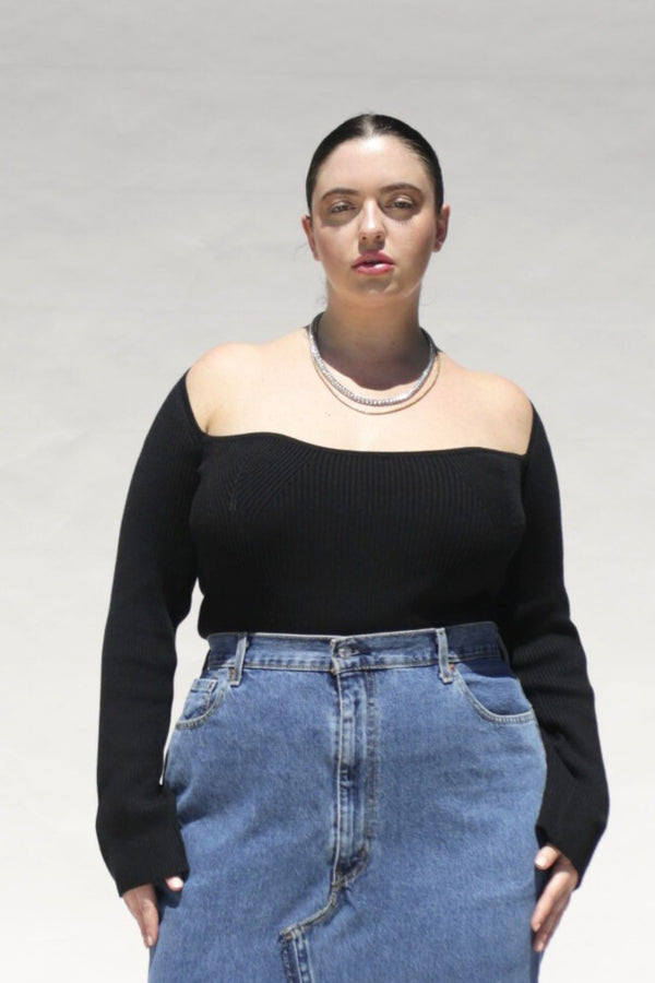 Portrait Neckline Contour Rib Knit Sweater Top- Black