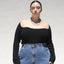 Portrait Neckline Contour Rib Knit Sweater Top- Black