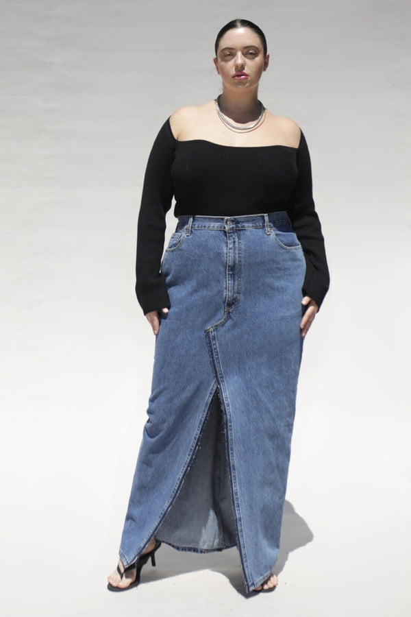 Deconstructed Reconstructed Denim Maxi Slit Front Skirt
