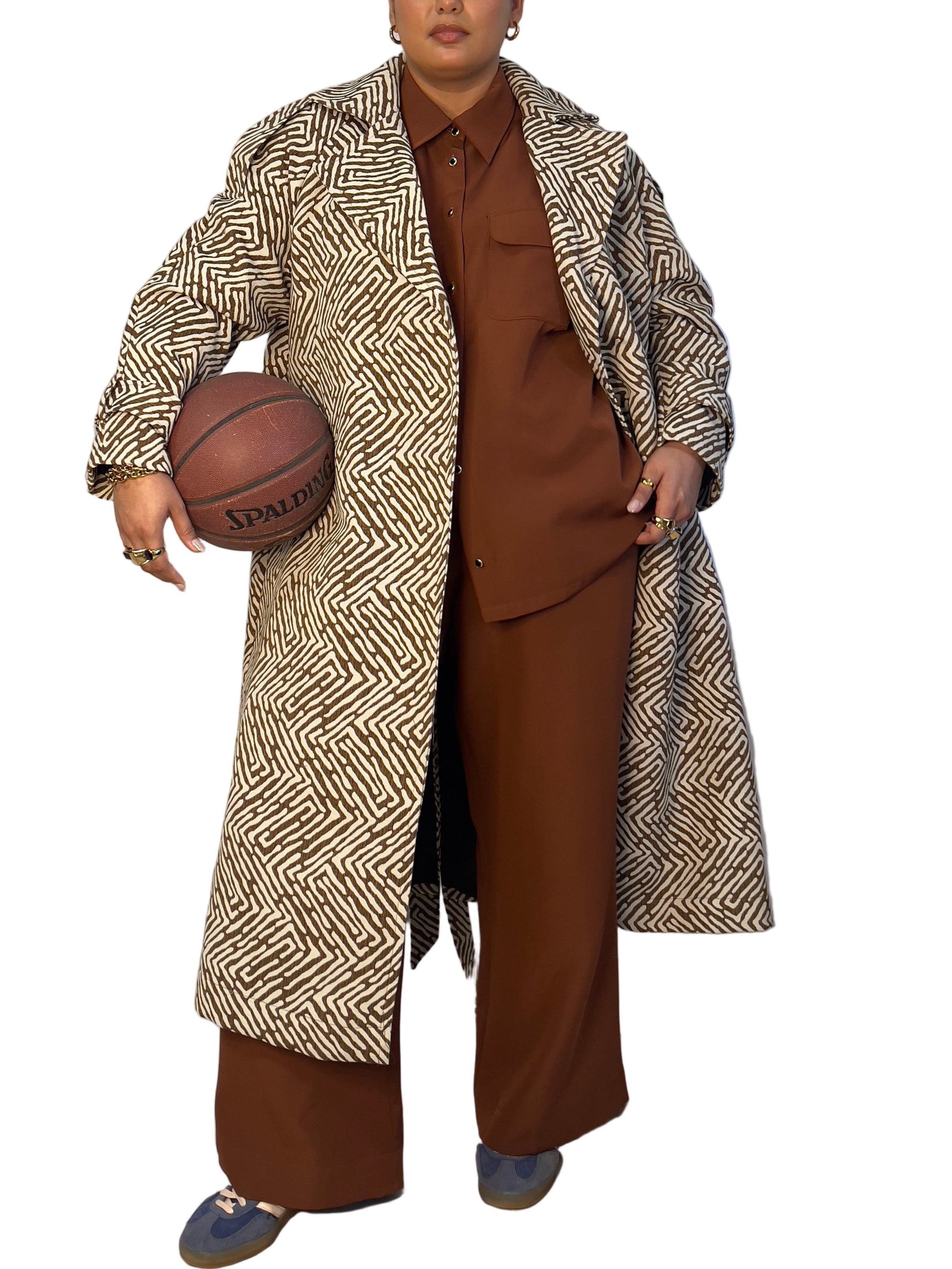 Aria Double Breasted Trench- Brown Cream Geo