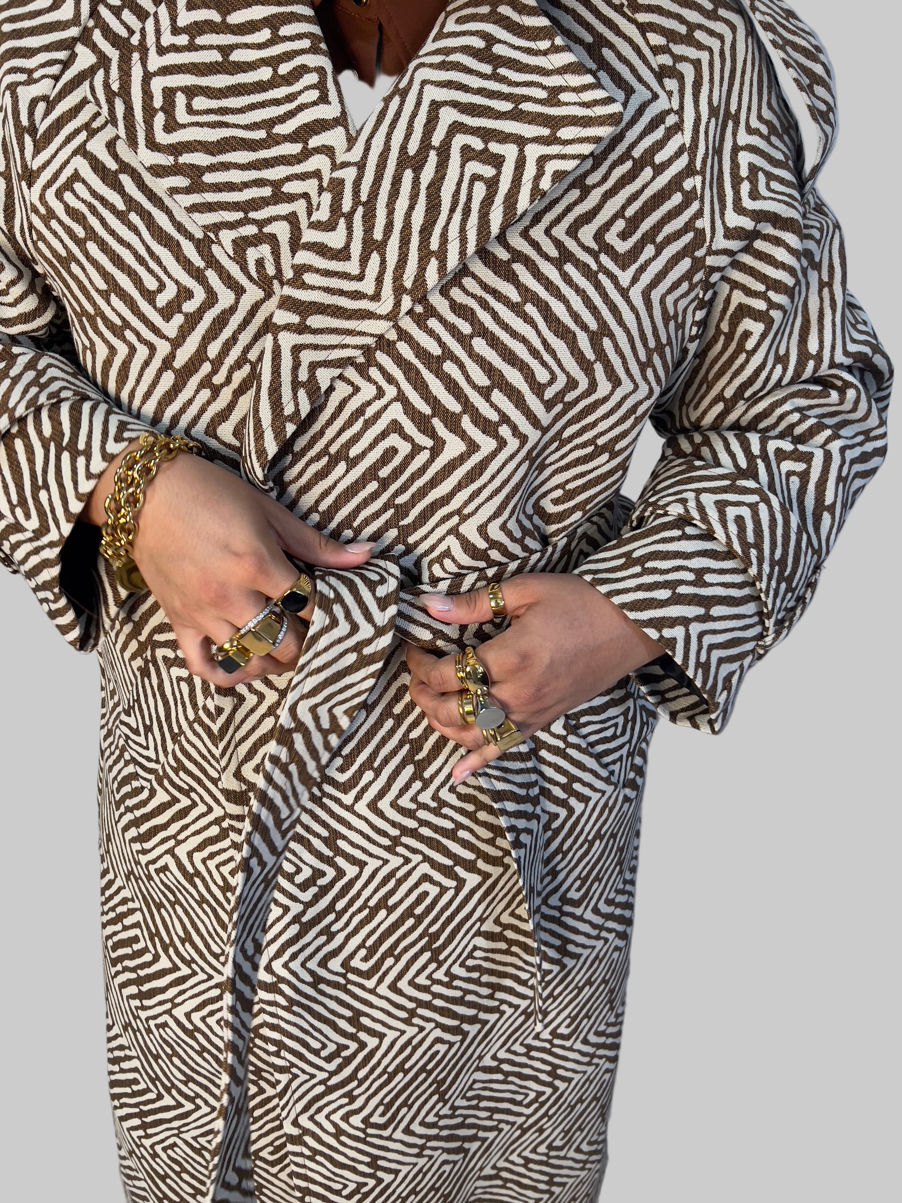 Aria Double Breasted Trench- Brown Cream Geo