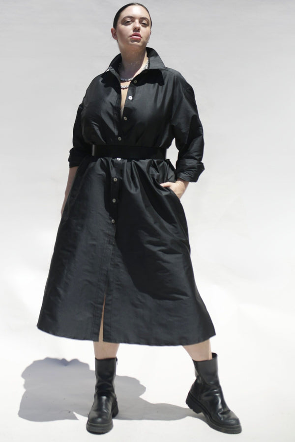 Long Dupioni Shirt Dress in Black with belt from Harness Set