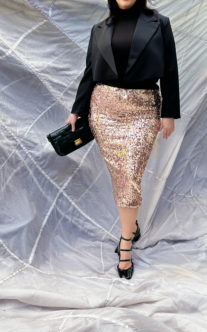 Kaya Midi Sequin Skirt - Rose Gold