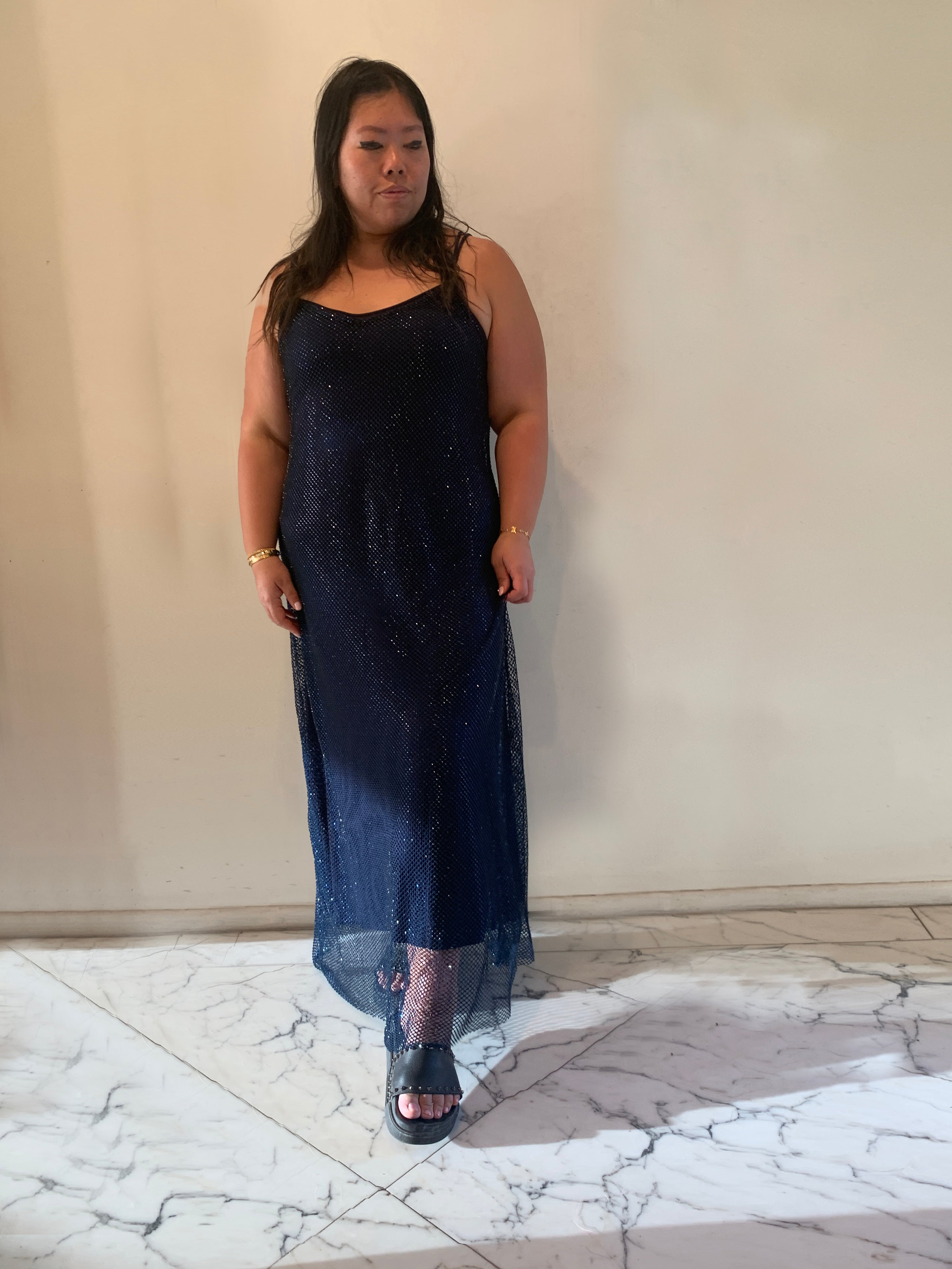 The Crystal Stone Mesh Dress- Midnight Blue