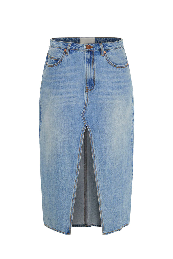 Deconstructed Reconstructed Denim Maxi Slit Front Skirt