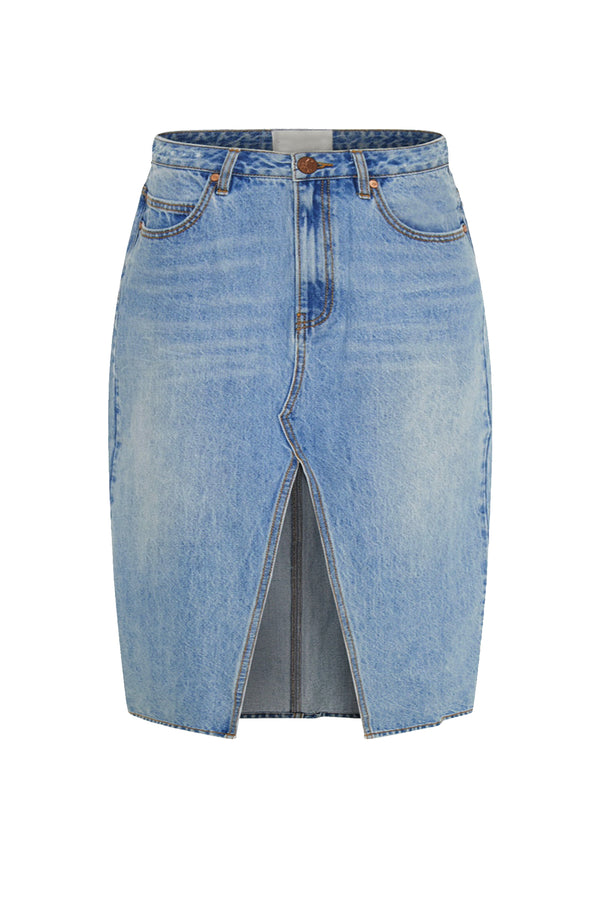 Deconstructed Reconstructed Denim Midi Slit Front Skirt