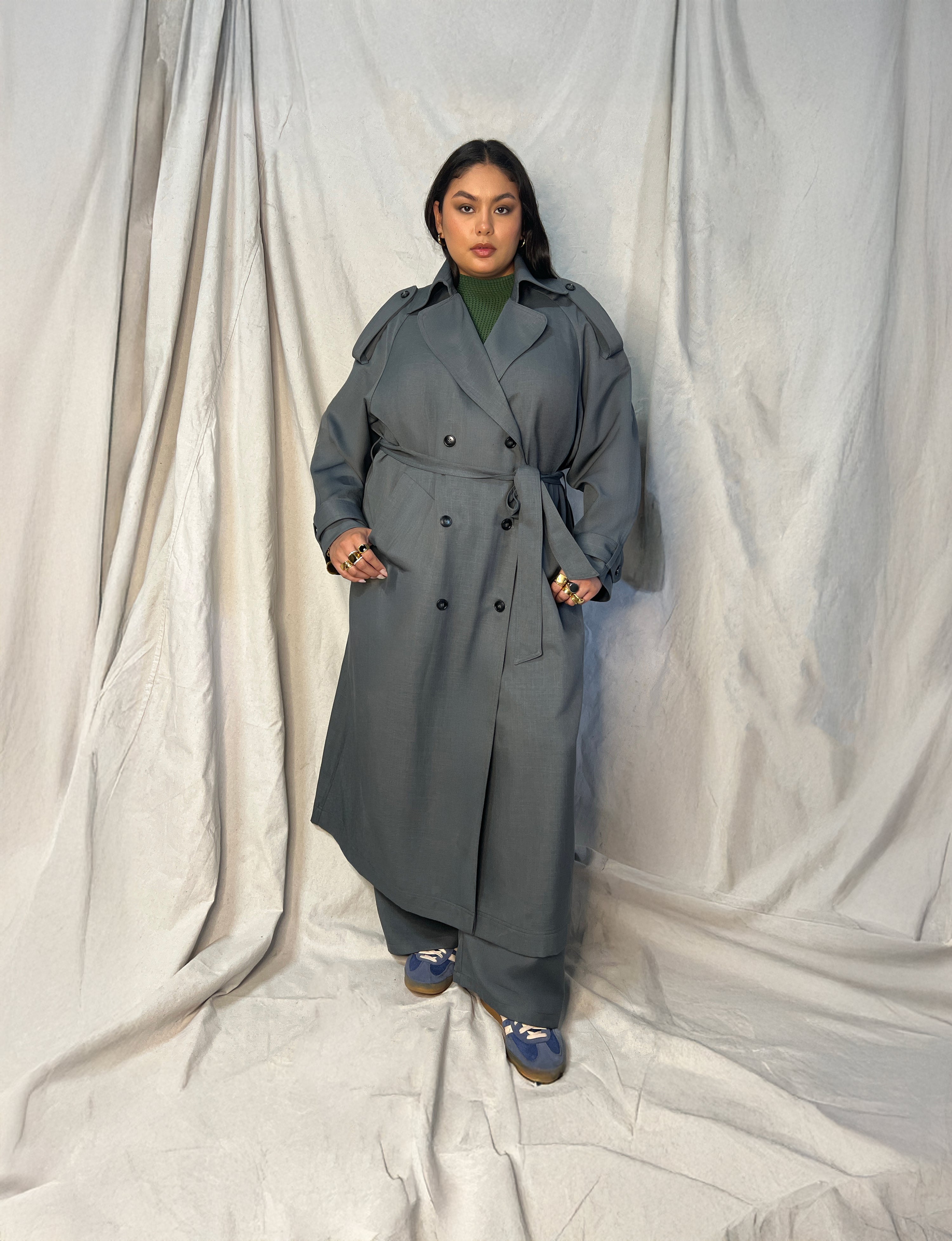 Delia Long Oversized Trench- Grey Wool