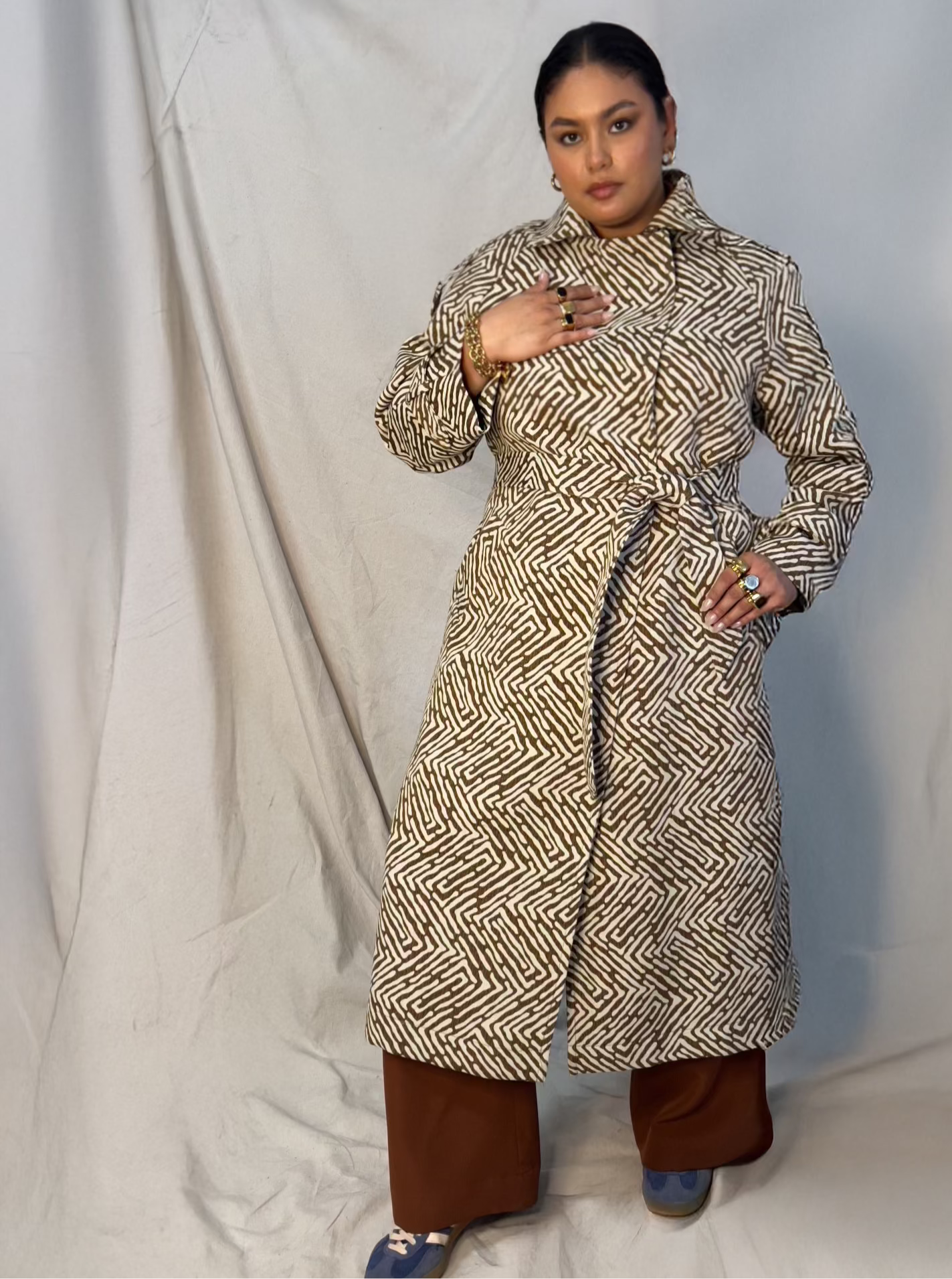 Aria Double Breasted Trench- Brown Cream Geo