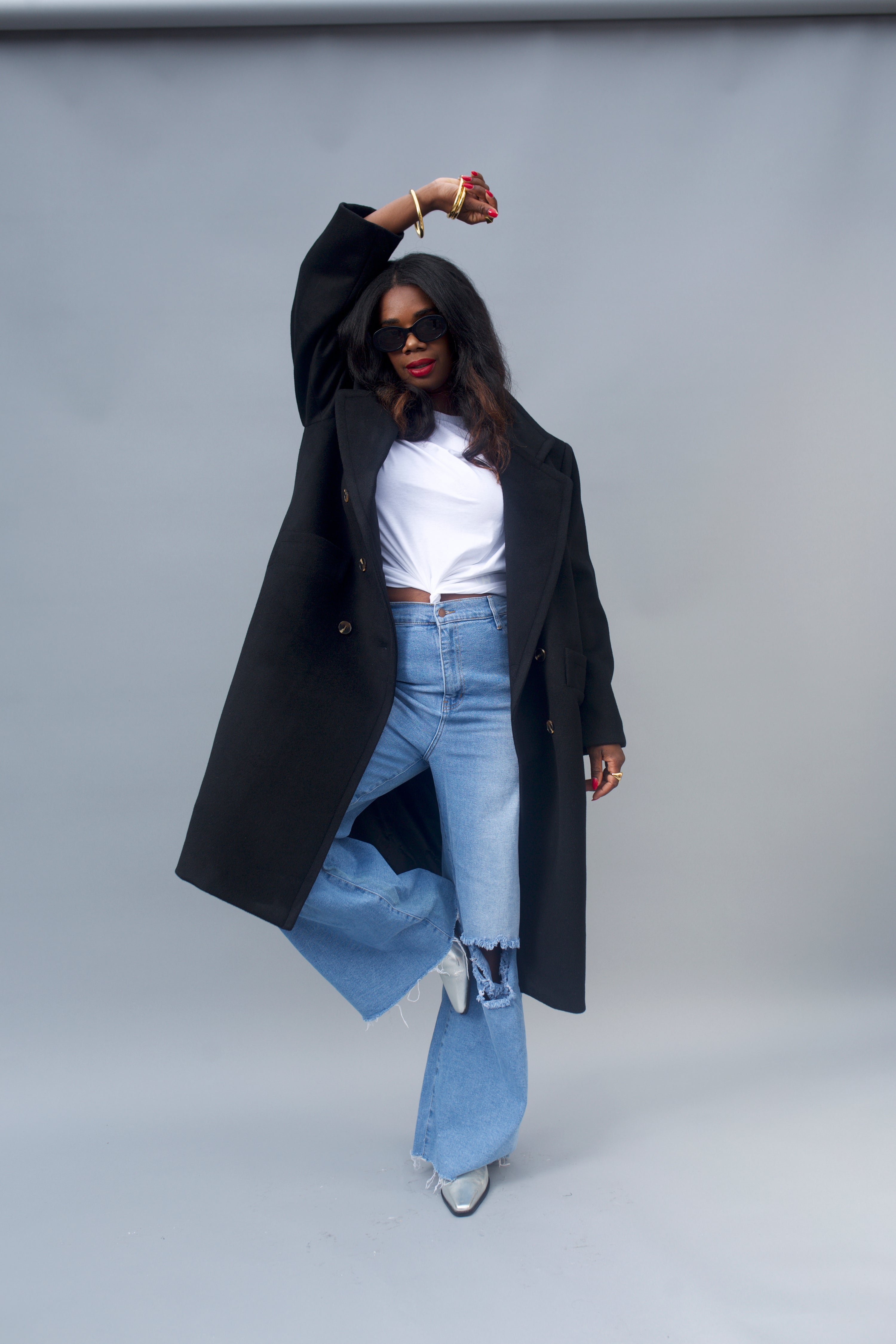 black car coat on model