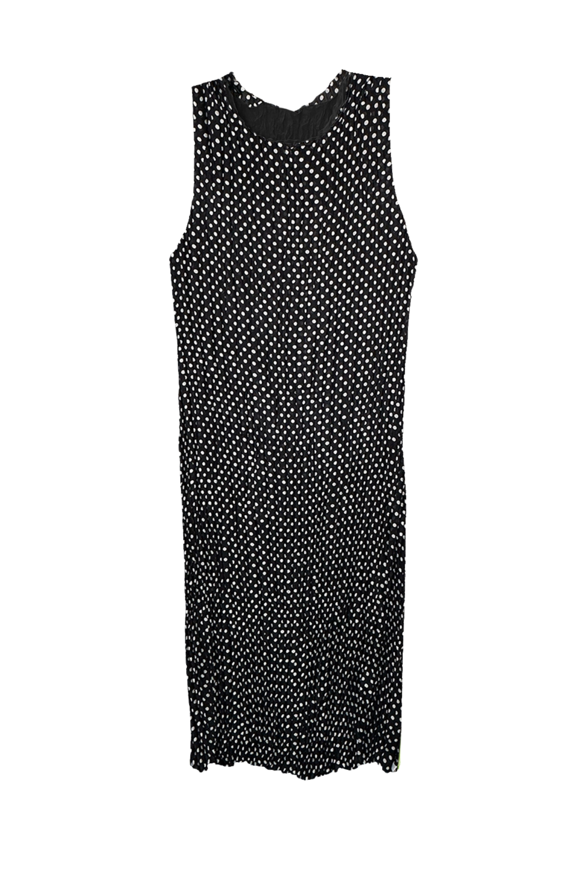 Black sleeveless dress with white polka dots on a white background