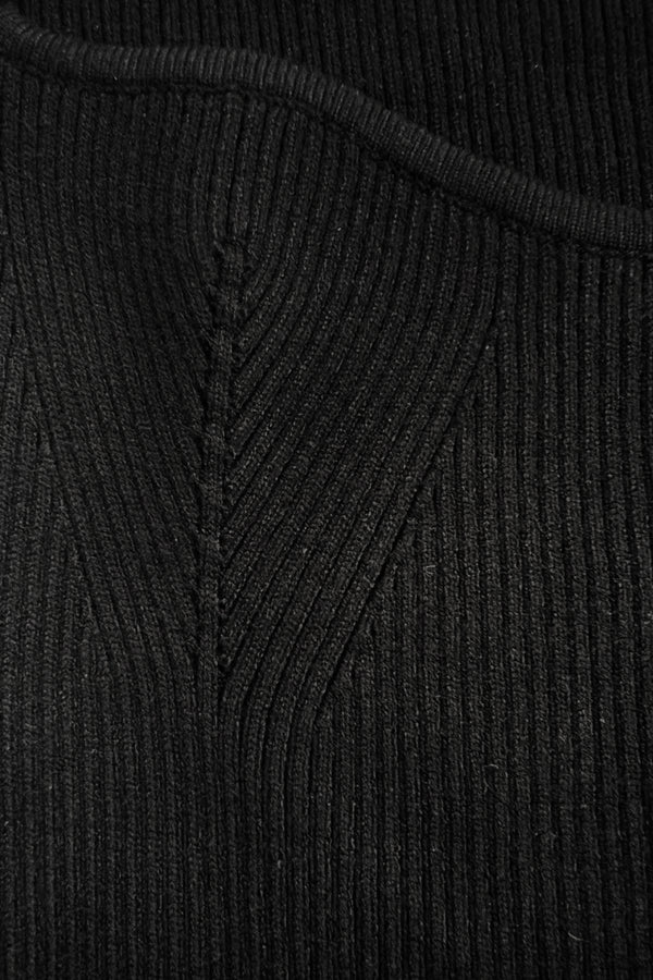 Portrait Neckline Contour Rib Knit Sweater Top- Black - detail