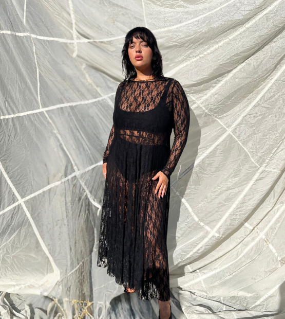 Sheer Lace Mesh Dress- Black