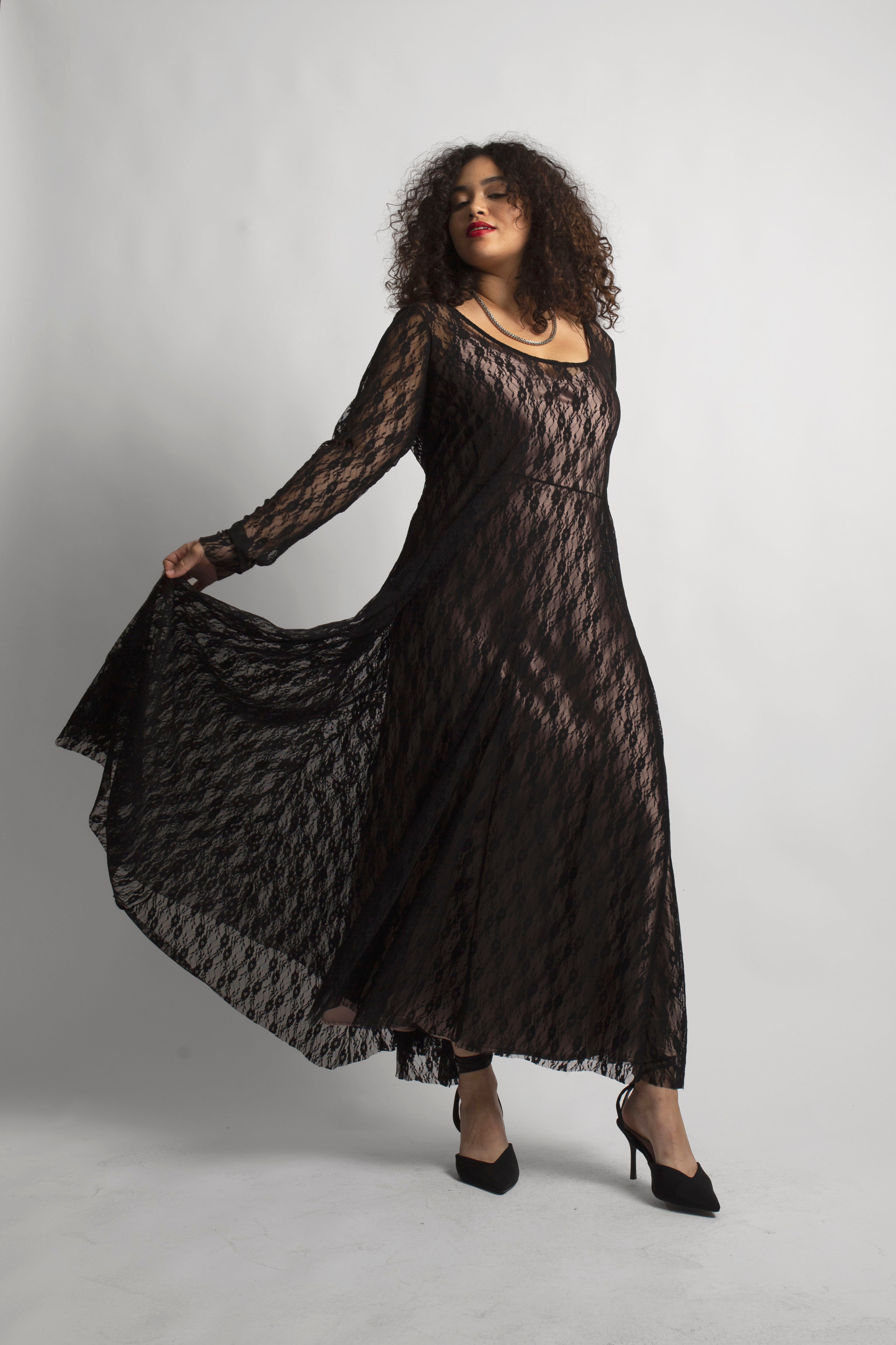 model wearing lace mesh dress