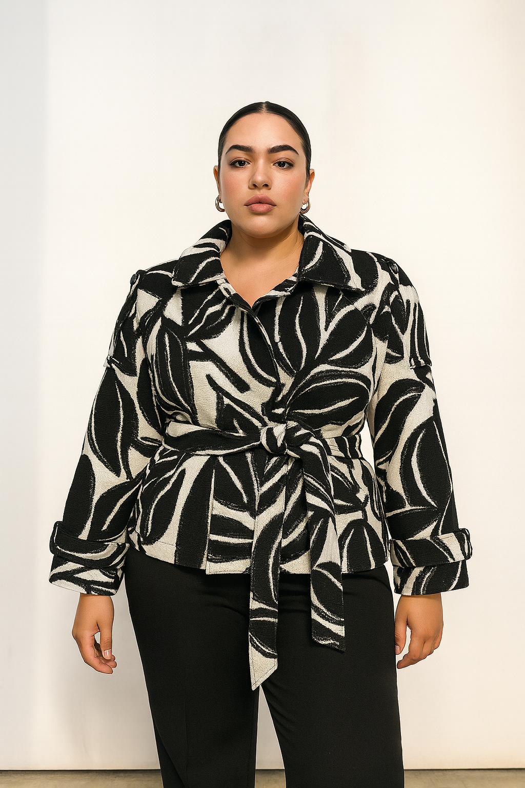 Marlo Short Moto Trench Coat- Black White Leaves