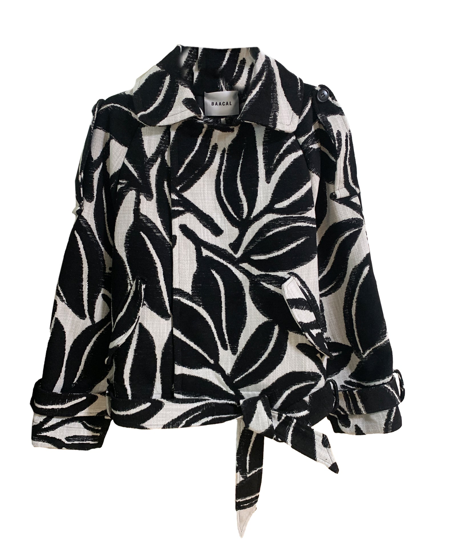 Marlo Short Moto Trench Coat- Black White Leaves
