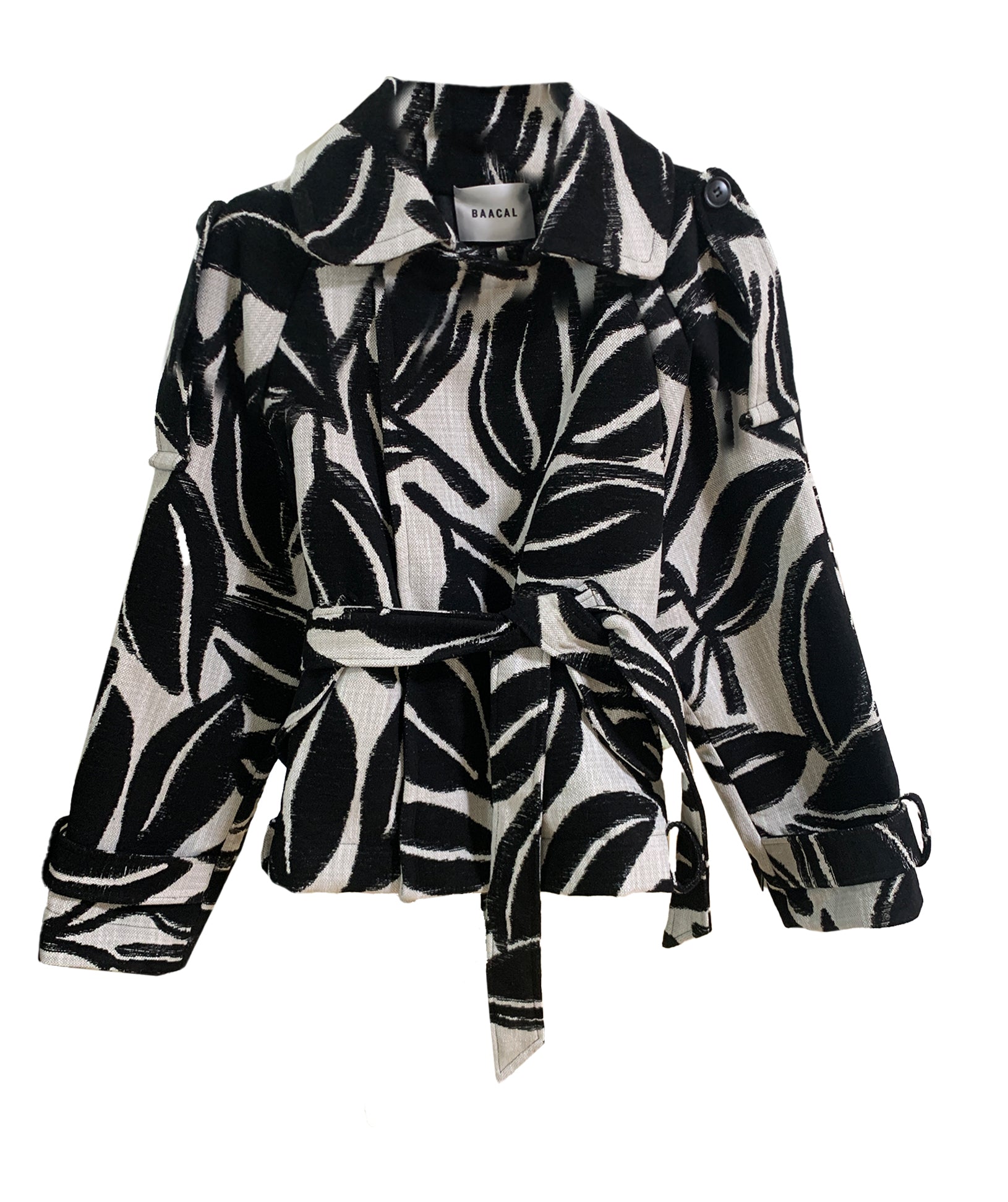 Marlo Short Moto Trench Coat- Black White Leaves