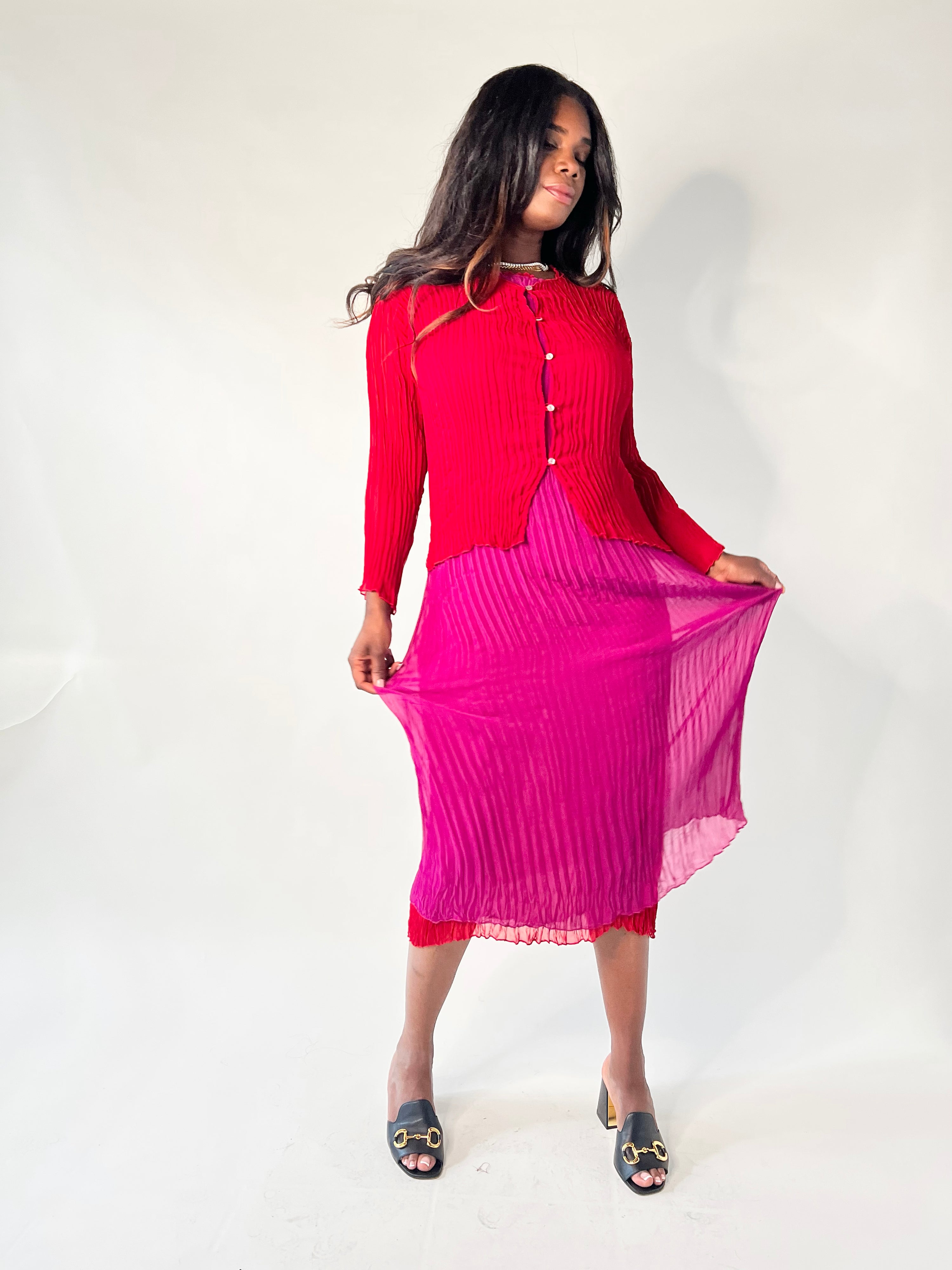 Jaya Pleated Dress- Reversible Red Fuchsia