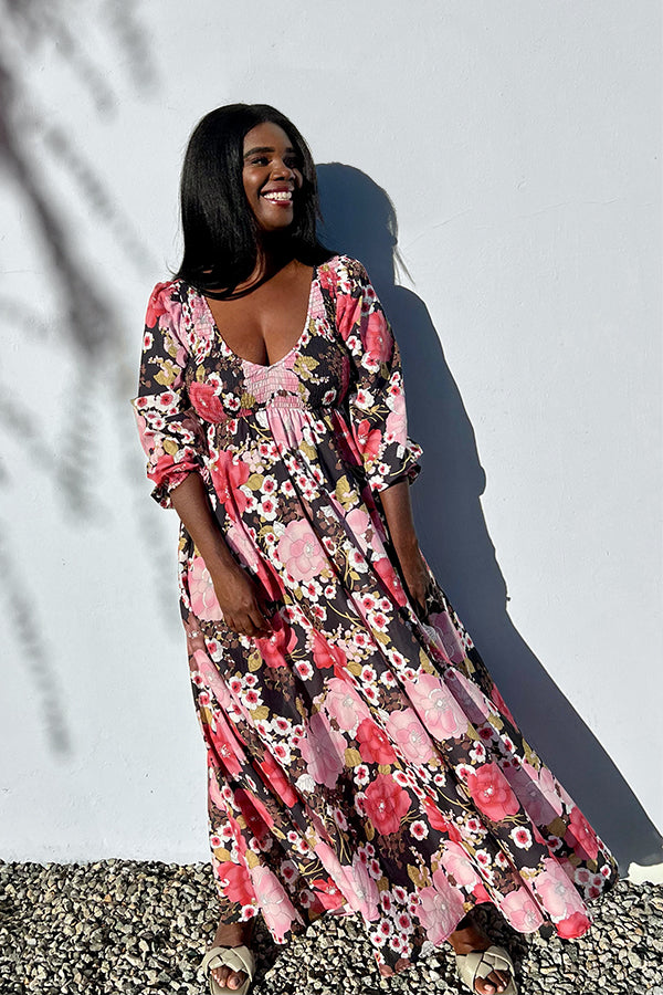 Floral Maxi Dress with Smocked Bodice - The Joni (brown & pink floral) Plus Size, Size Inclusive Dress