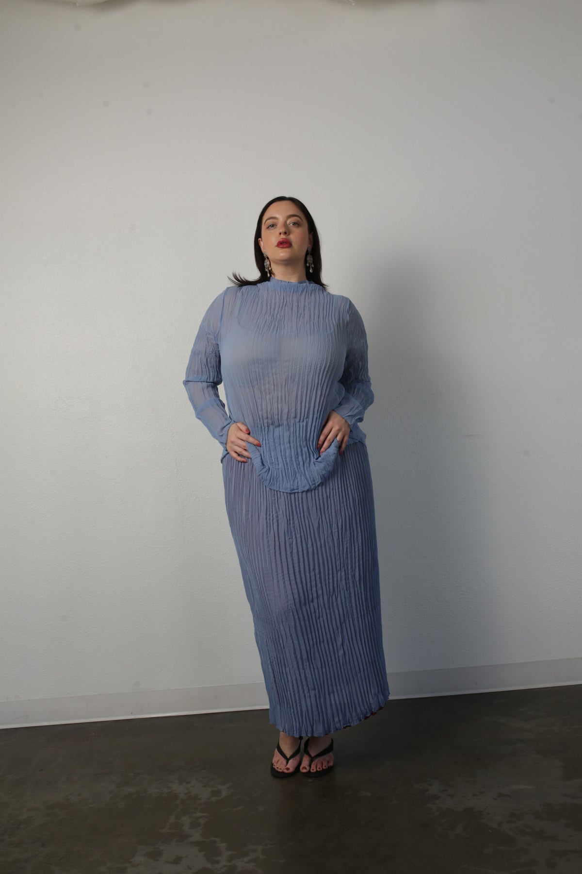 Esme Pleated Funnel Neck Top- Coppen Blue