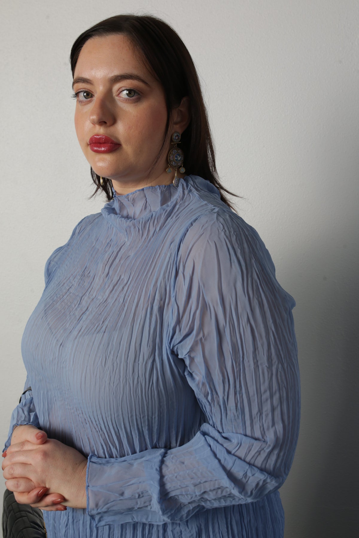 Esme Pleated Funnel Neck Top- Coppen Blue