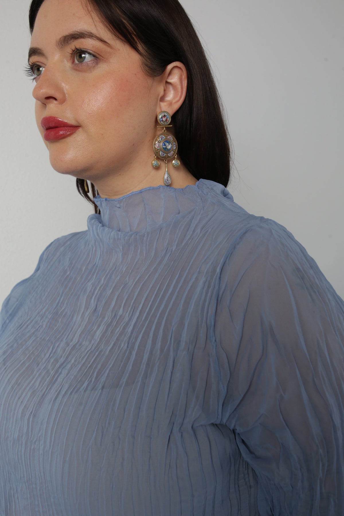 Esme Pleated Funnel Neck Top- Coppen Blue