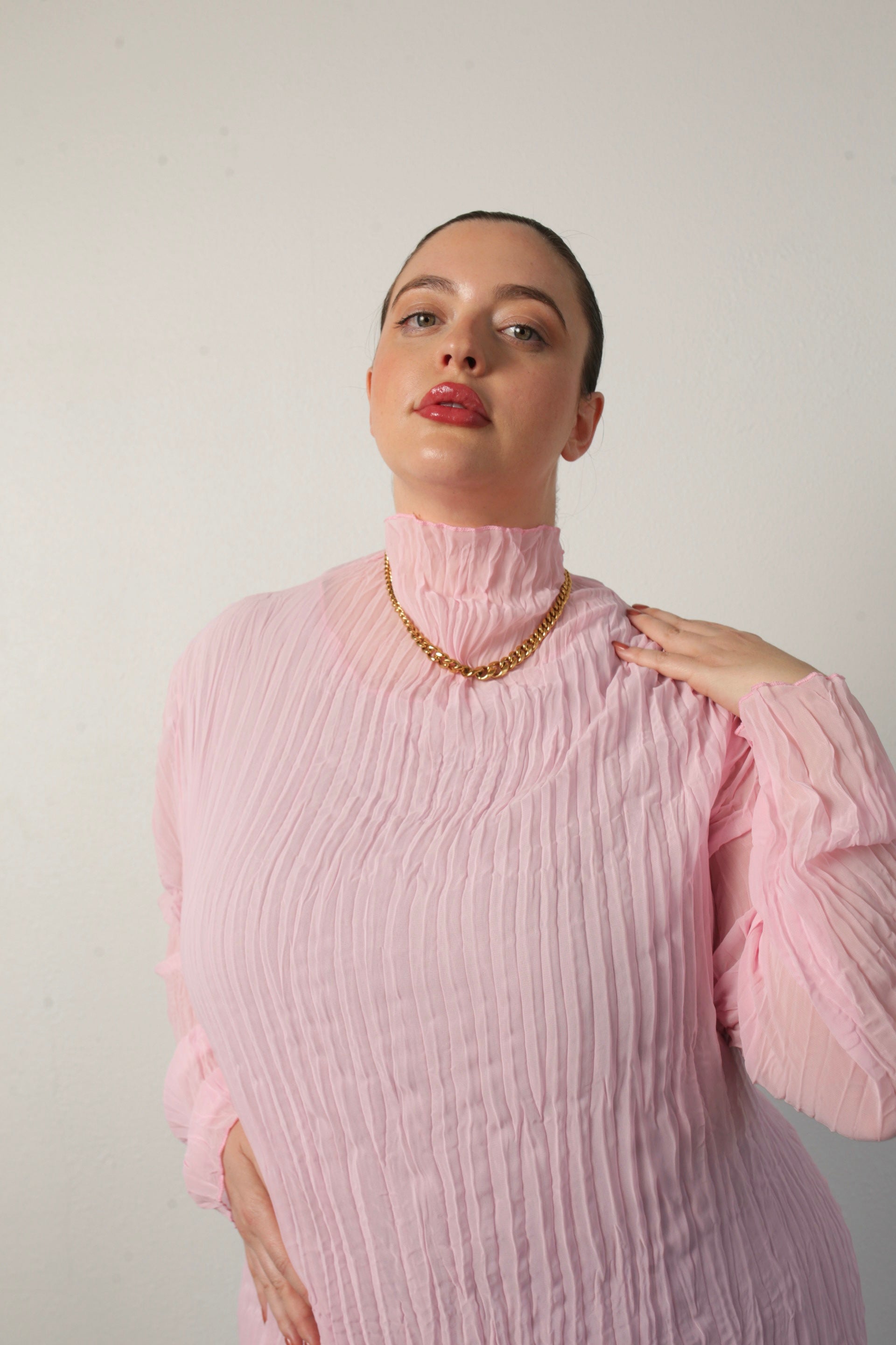model wearing pink Esme top