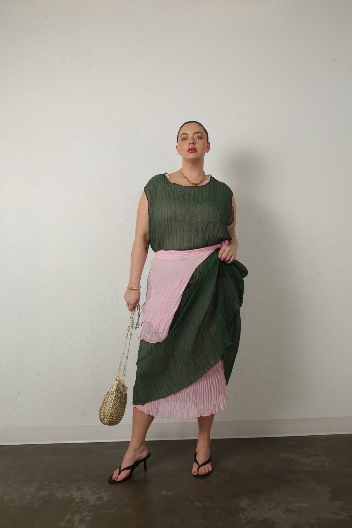 Jaya Pleated Dress- Reversible Pink/ Green