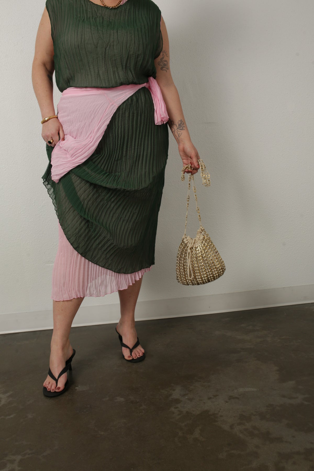 Jaya Pleated Dress- Reversible Pink/ Green