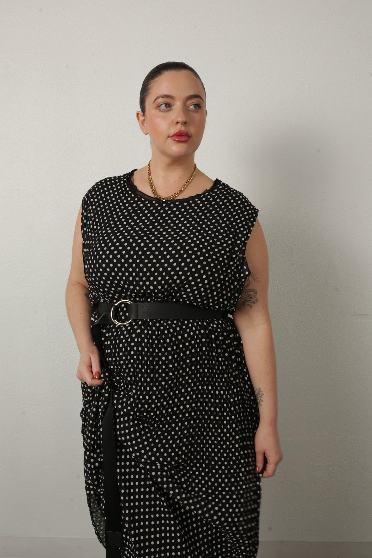 Jaya Pleated Dress- Reversible Polka Dot / Black