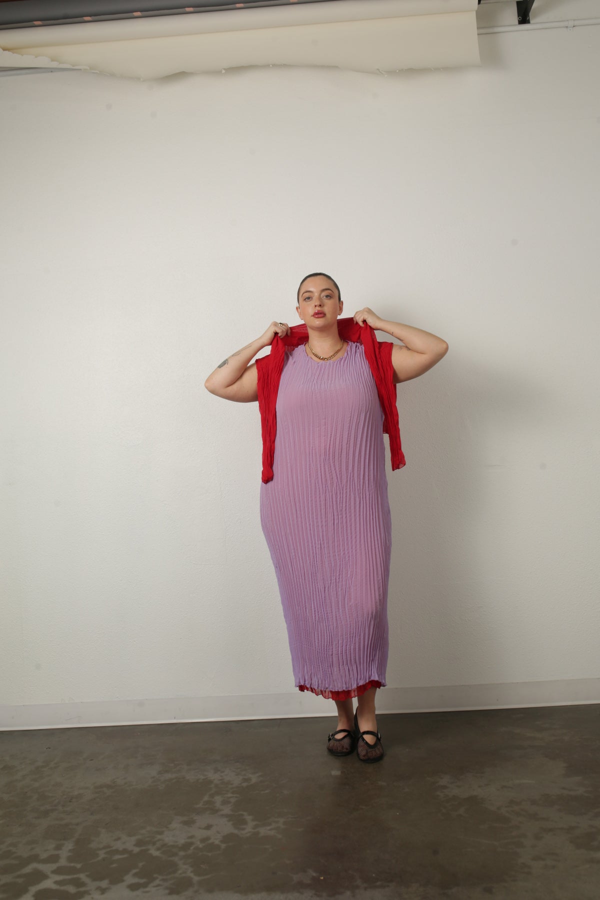 Jaya Pleated Dress- Reversible Lavender/ Lipstick Red