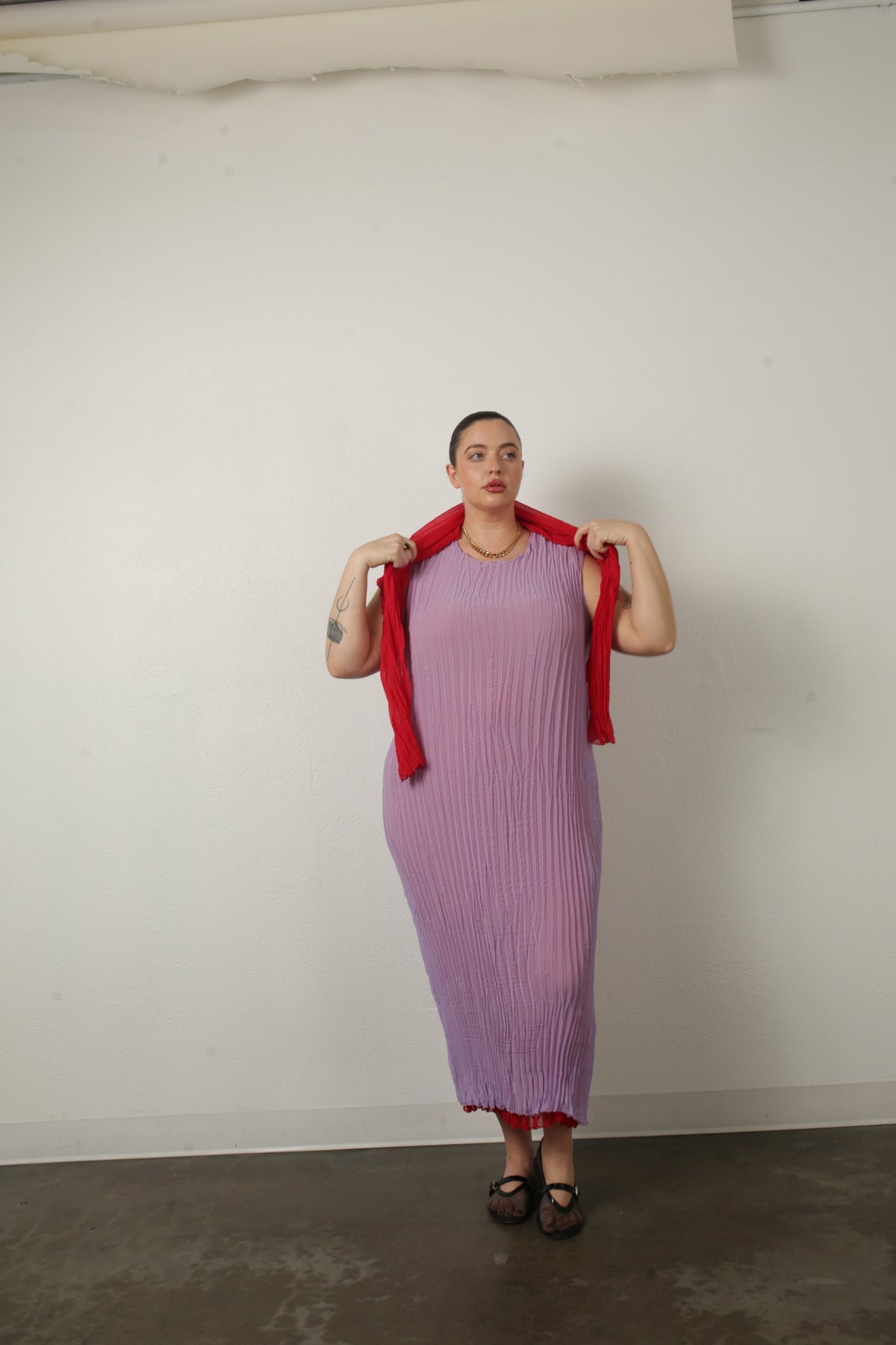 Jaya Pleated Dress- Reversible Lavender/ Lipstick Red