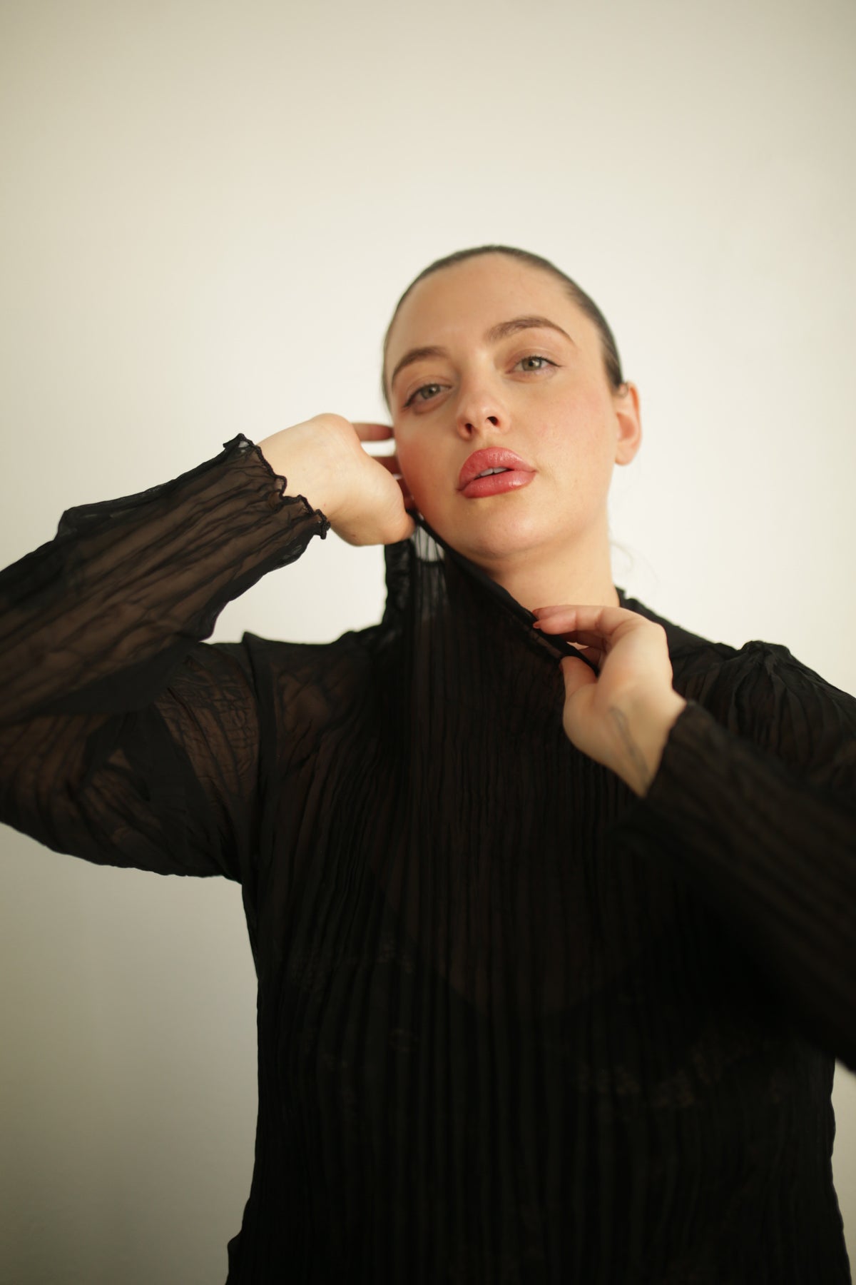 Esme Pleated Funnel Neck Top- Black