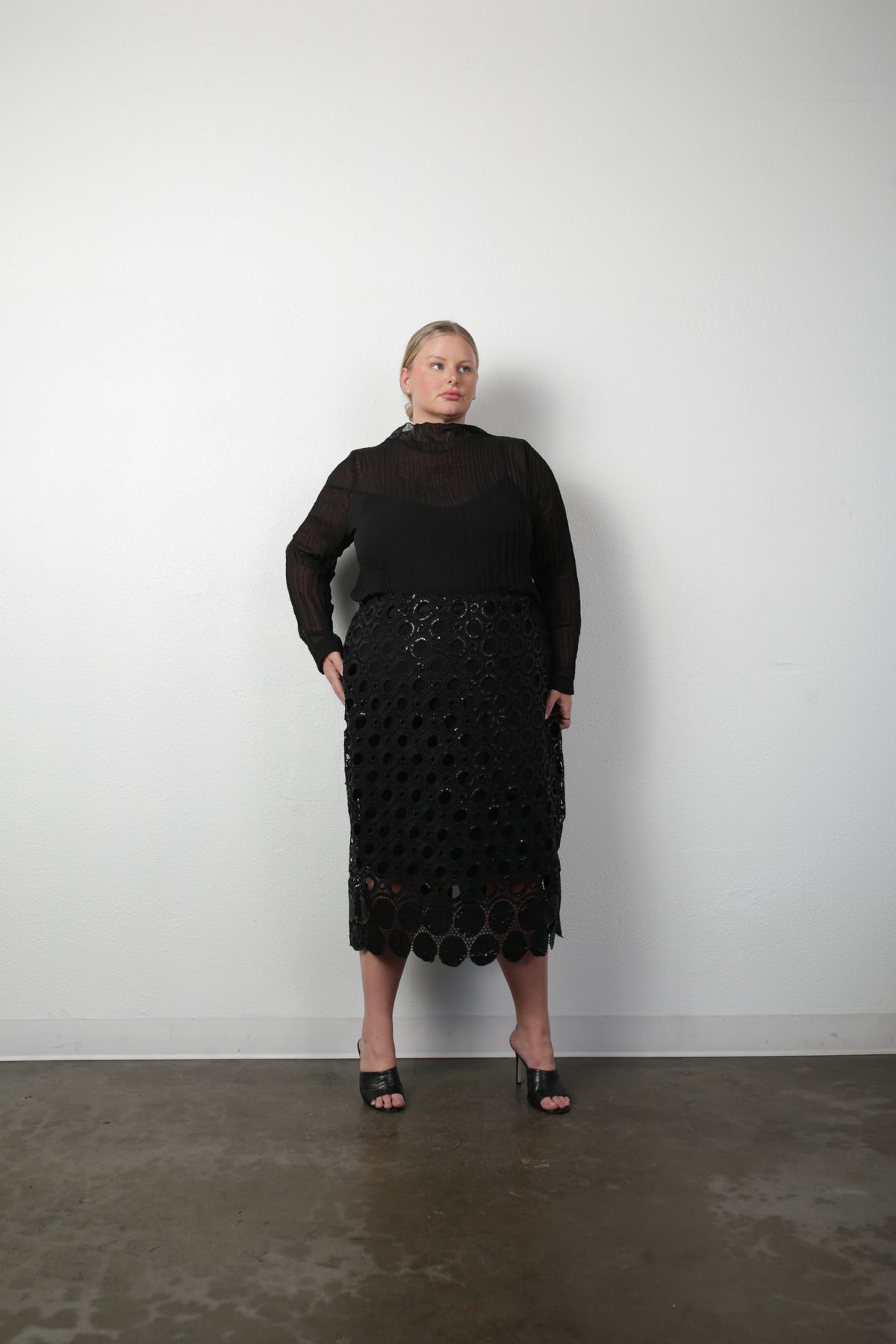 Cassandra Midi Pencil Skirt - Sequin Eyelet Classic Black