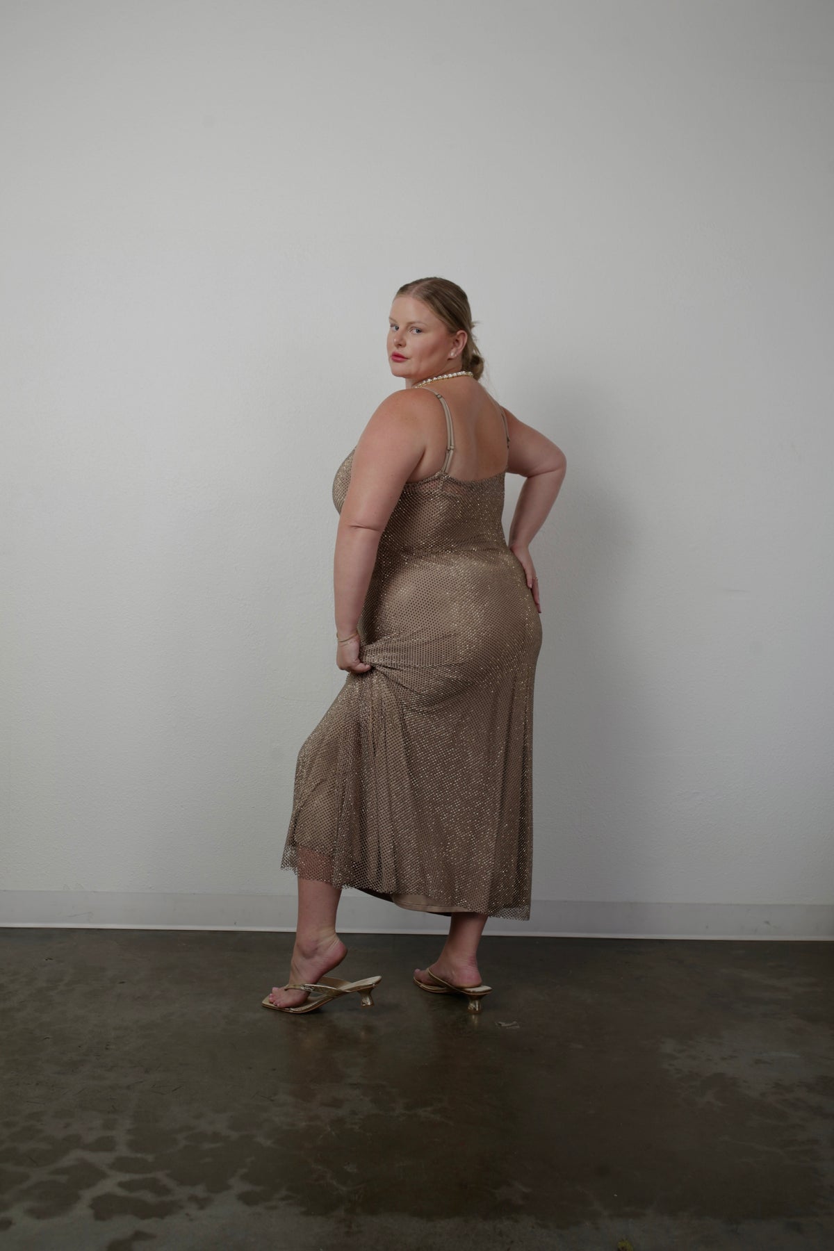 The Crystal Stone Mesh Dress- Champagne