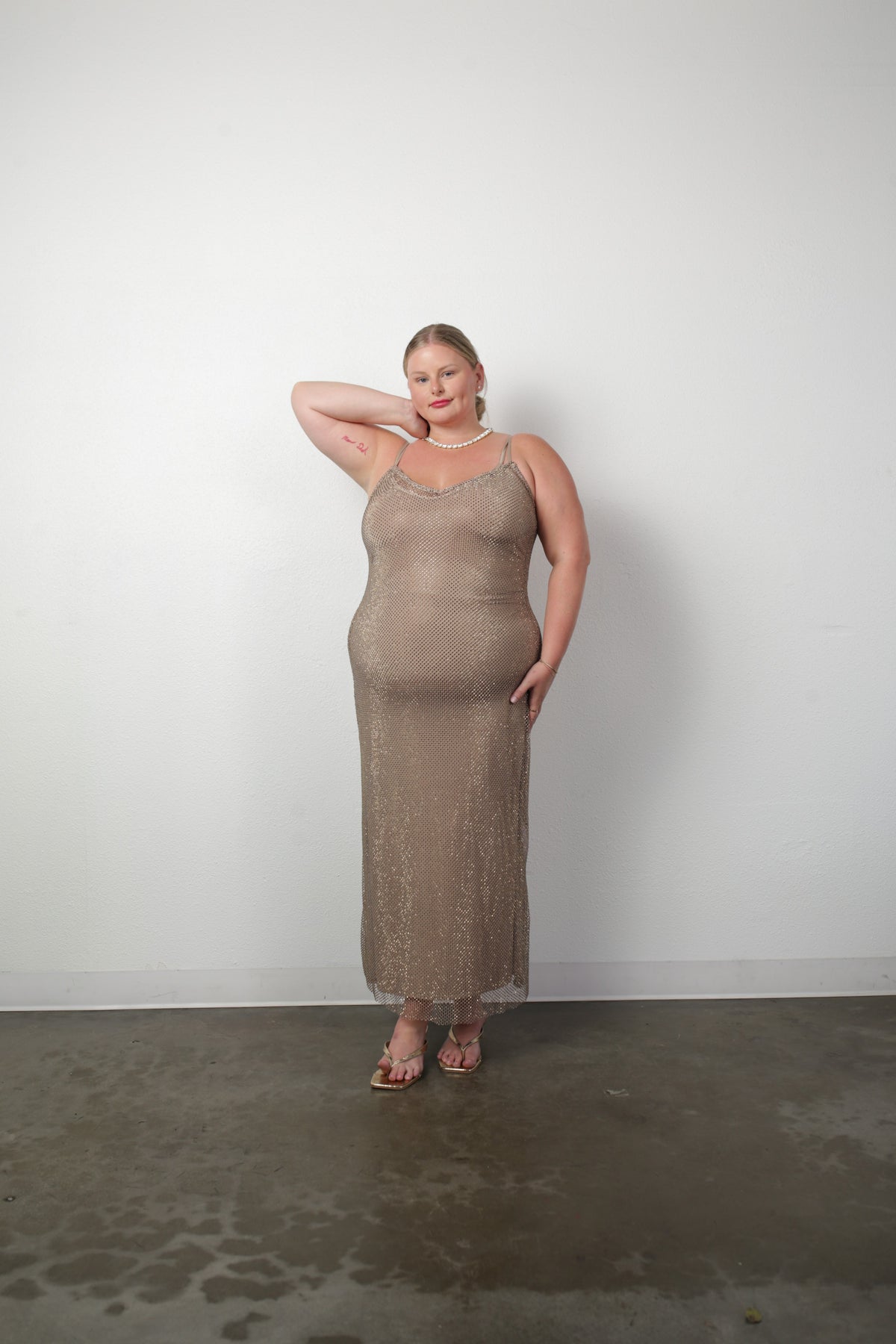 The Crystal Stone Mesh Dress- Champagne