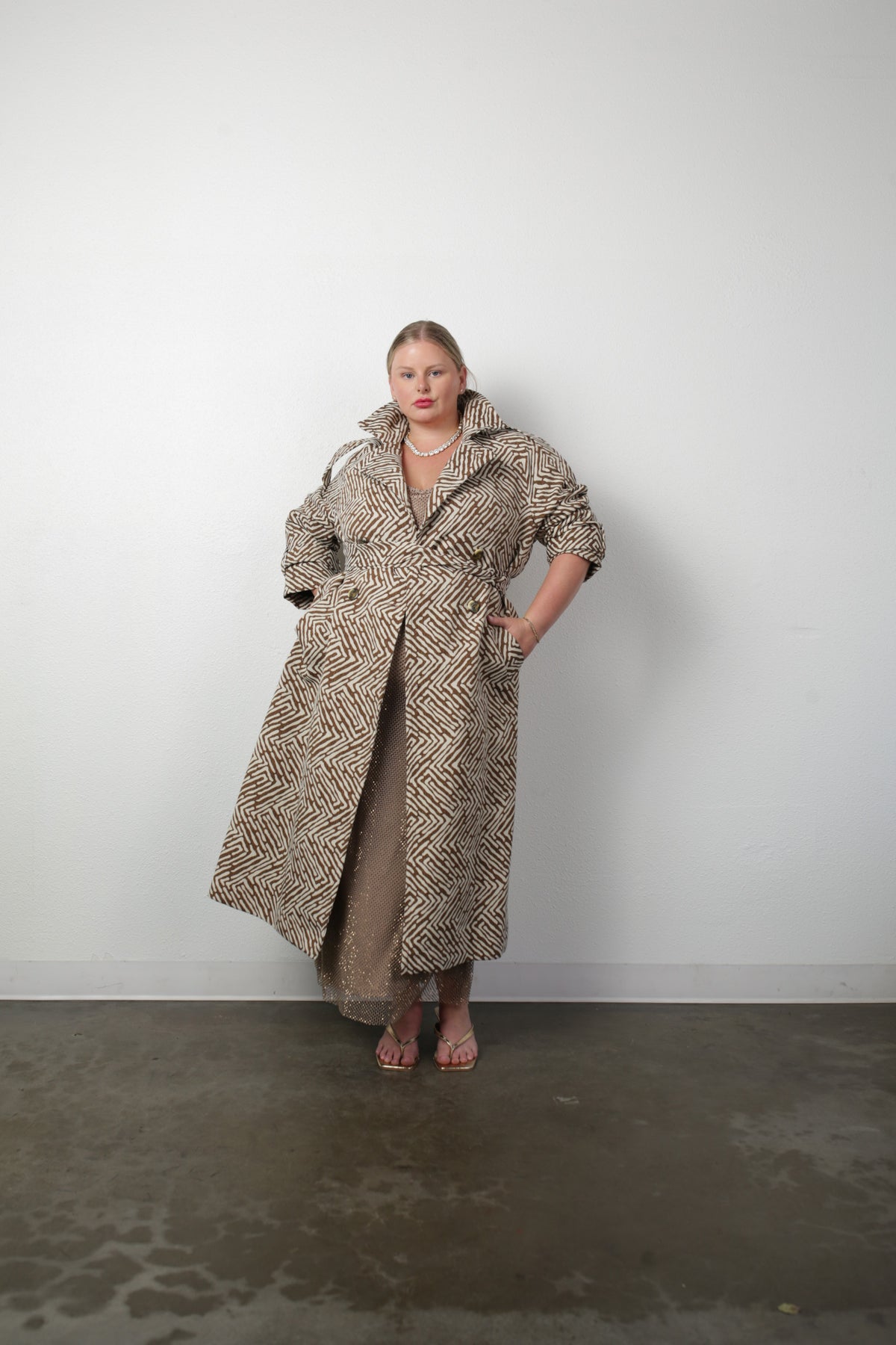 Aria Double Breasted Trench-  Geo Brown Cream