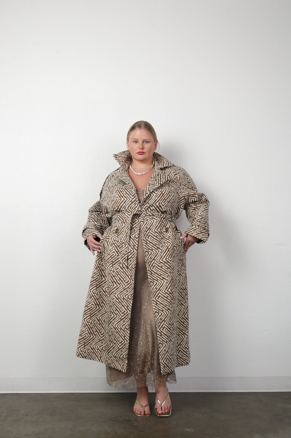 Aria Double Breasted Trench-  Geo Brown Cream