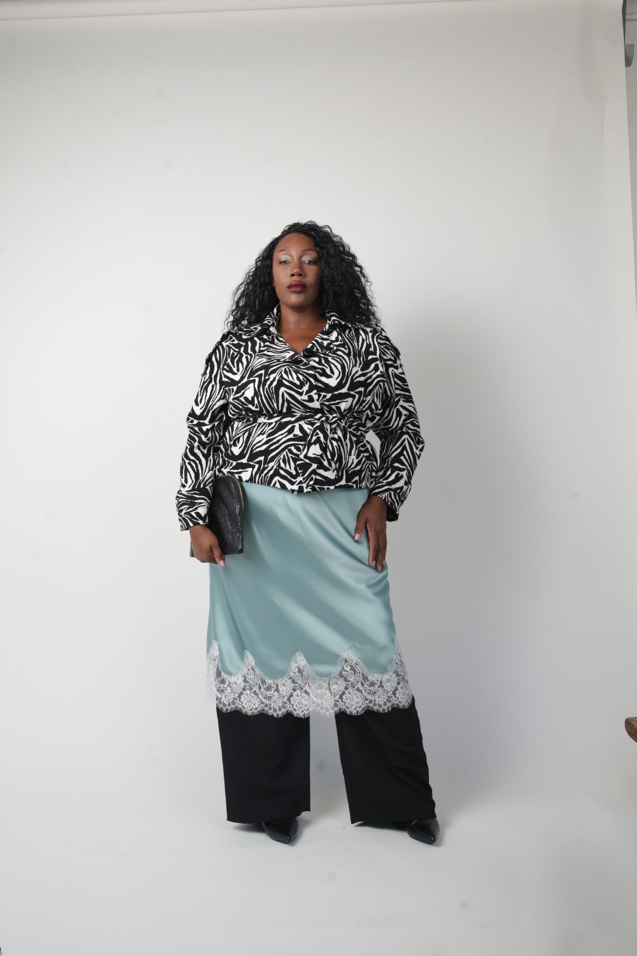Bias Lace Slip Skirt- Aqua/ White