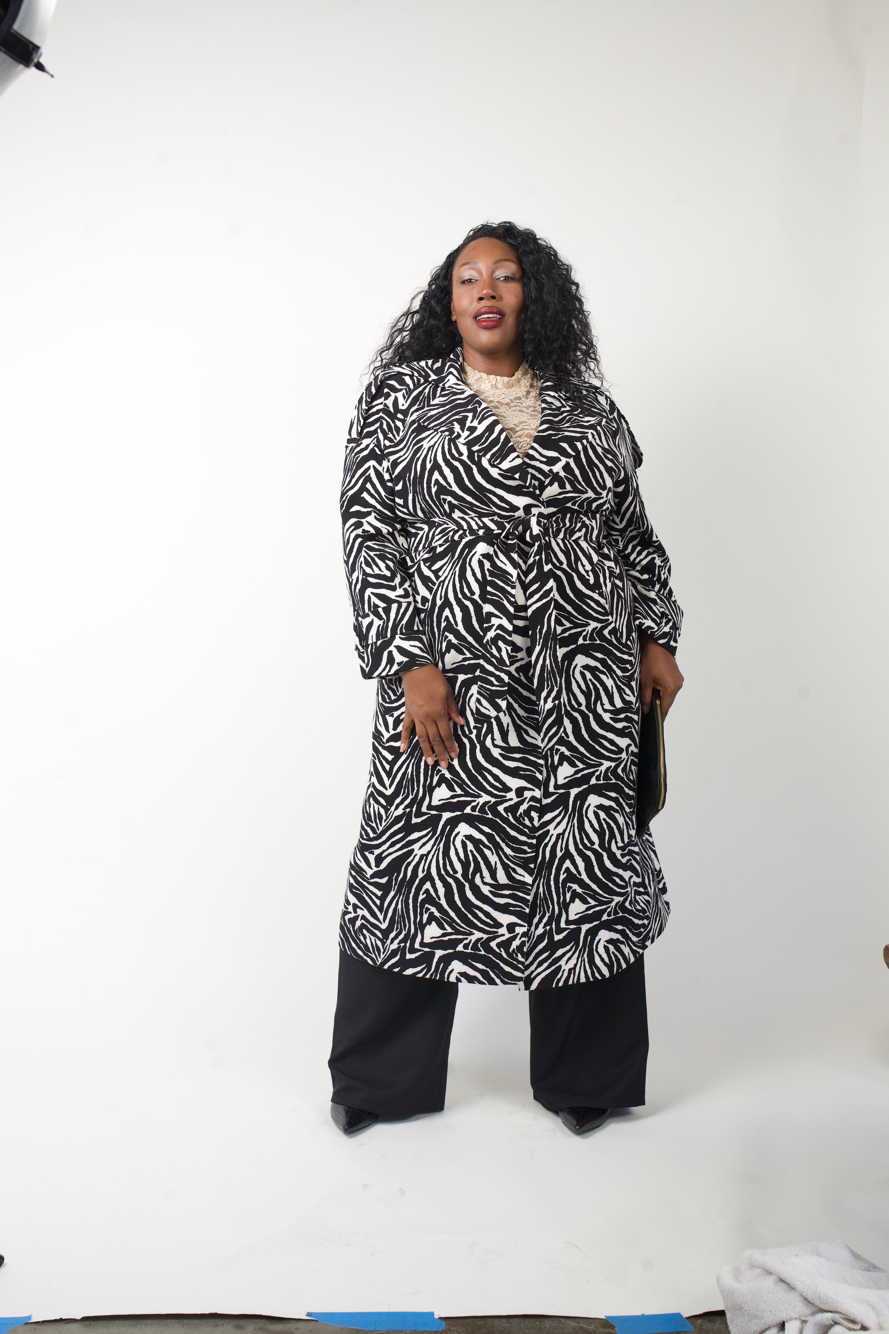 Aria Double Breasted Trench- Black White Zebra