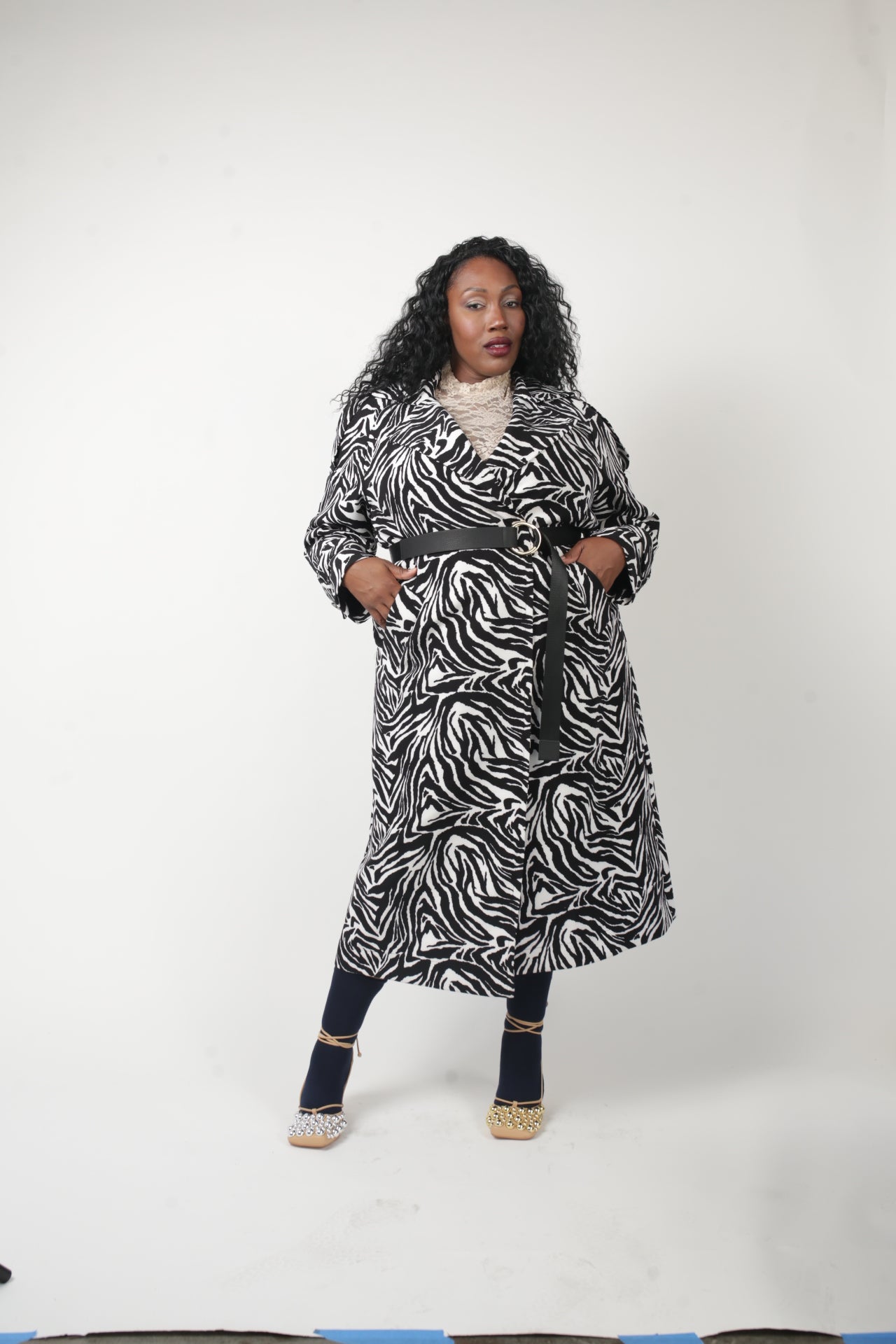 Aria Double Breasted Trench- Black White Zebra