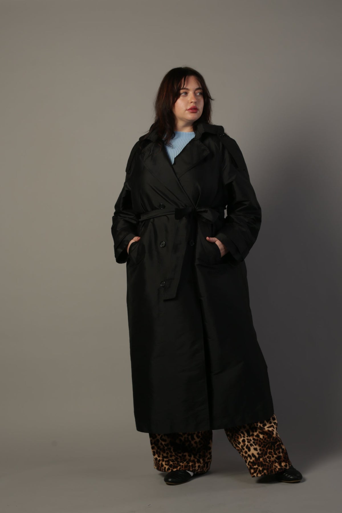 Delia Long Oversized Trench- Black Dupioni