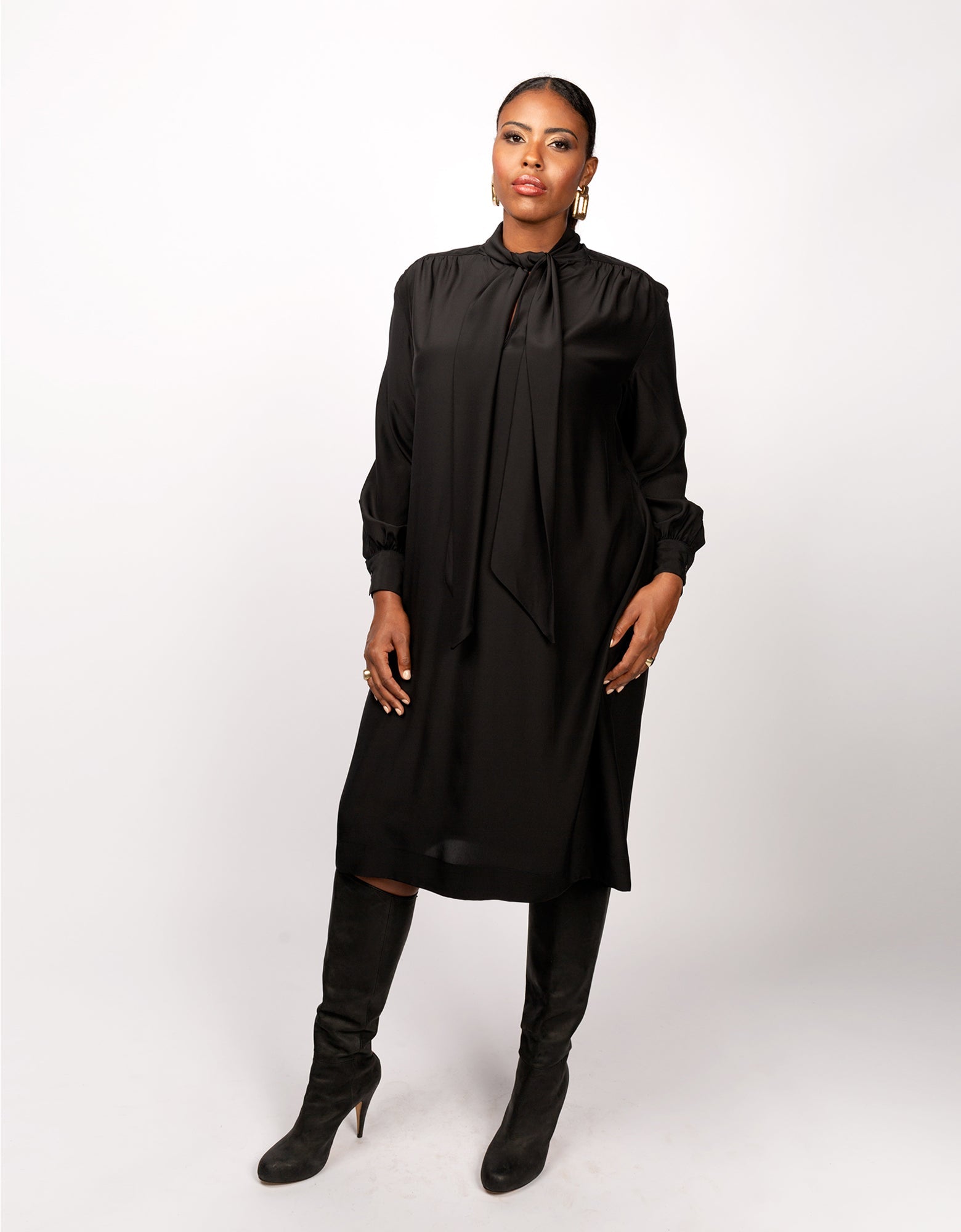 women's plus size long tie neck dress