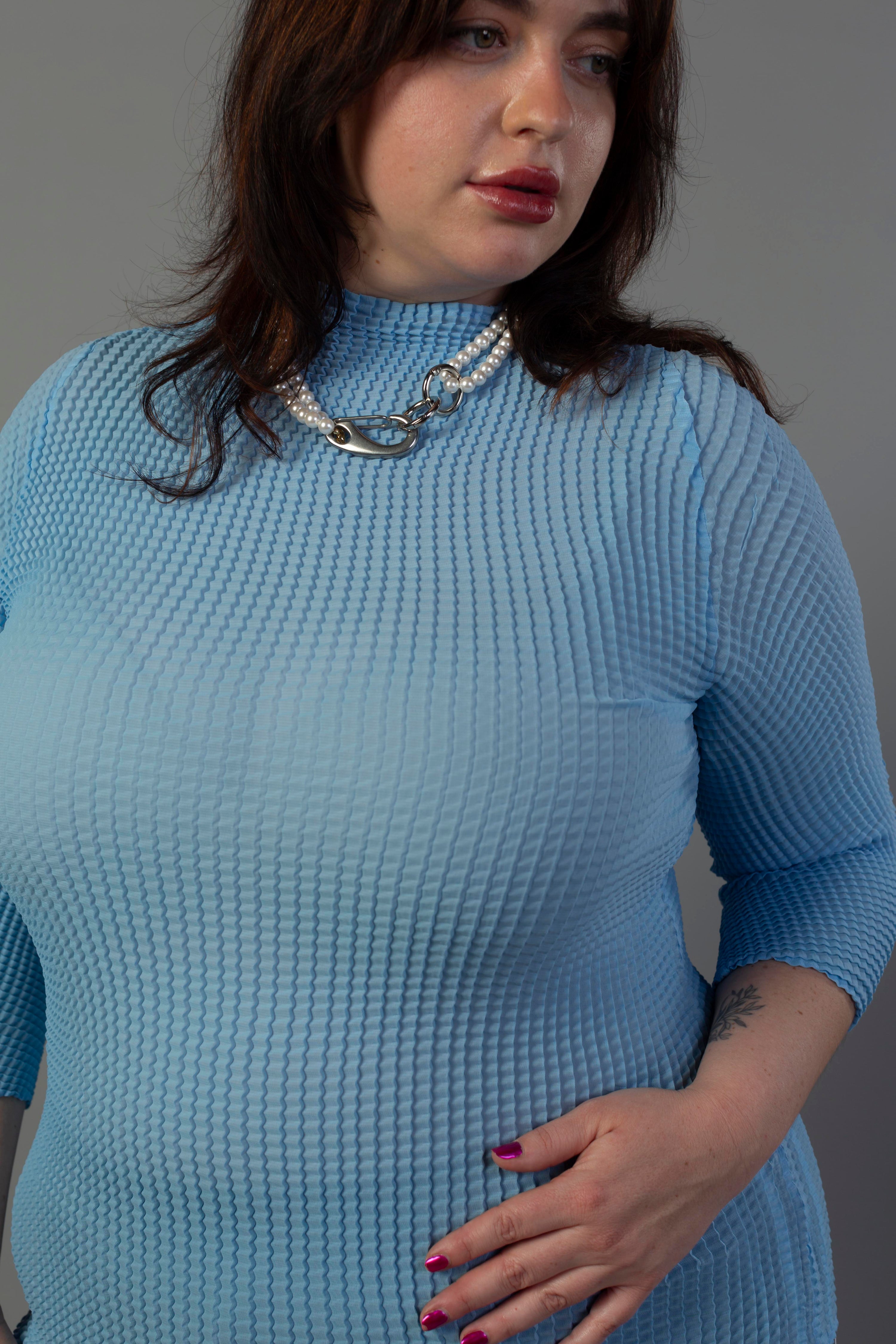 Ingrid Pleated Mock Neck Top- Blue Bird