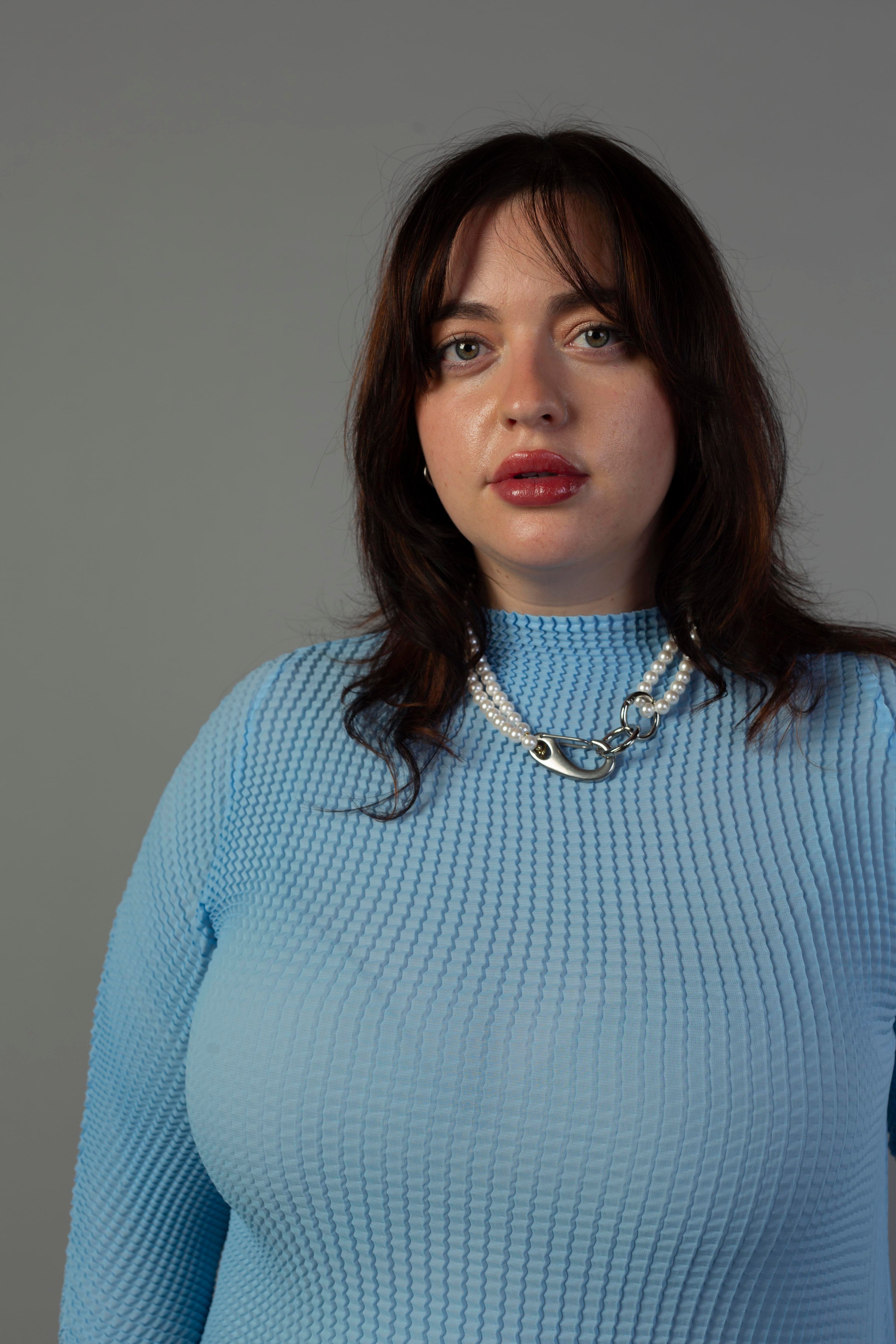 Ingrid Pleated Mock Neck Top- Blue Bird