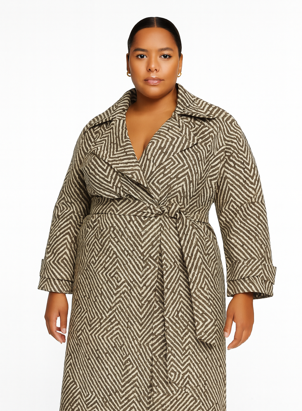 Aria Double Breasted Trench- Brown Cream Geo