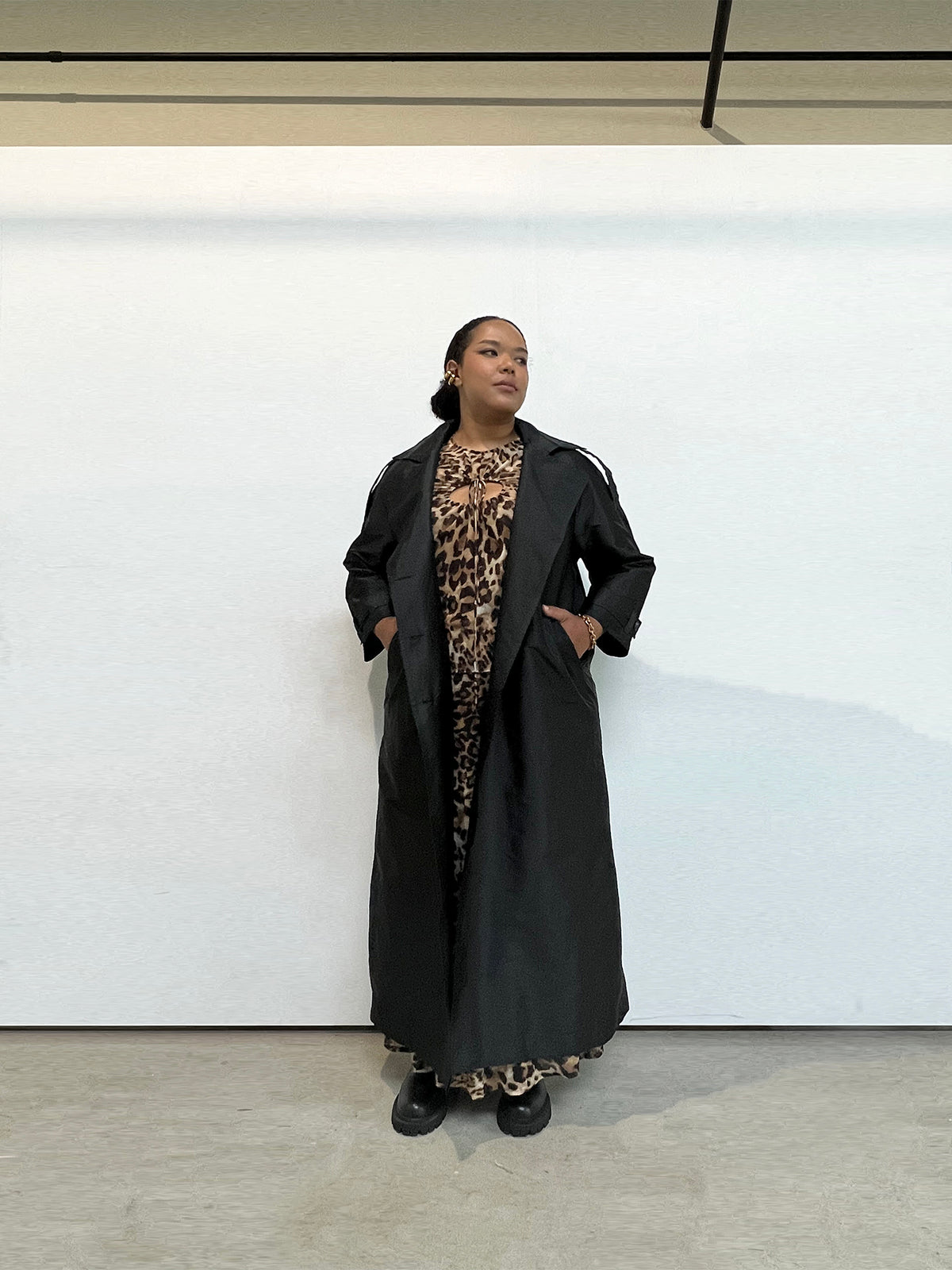 Delia Long Oversized Trench- Black Dupioni — on model, back