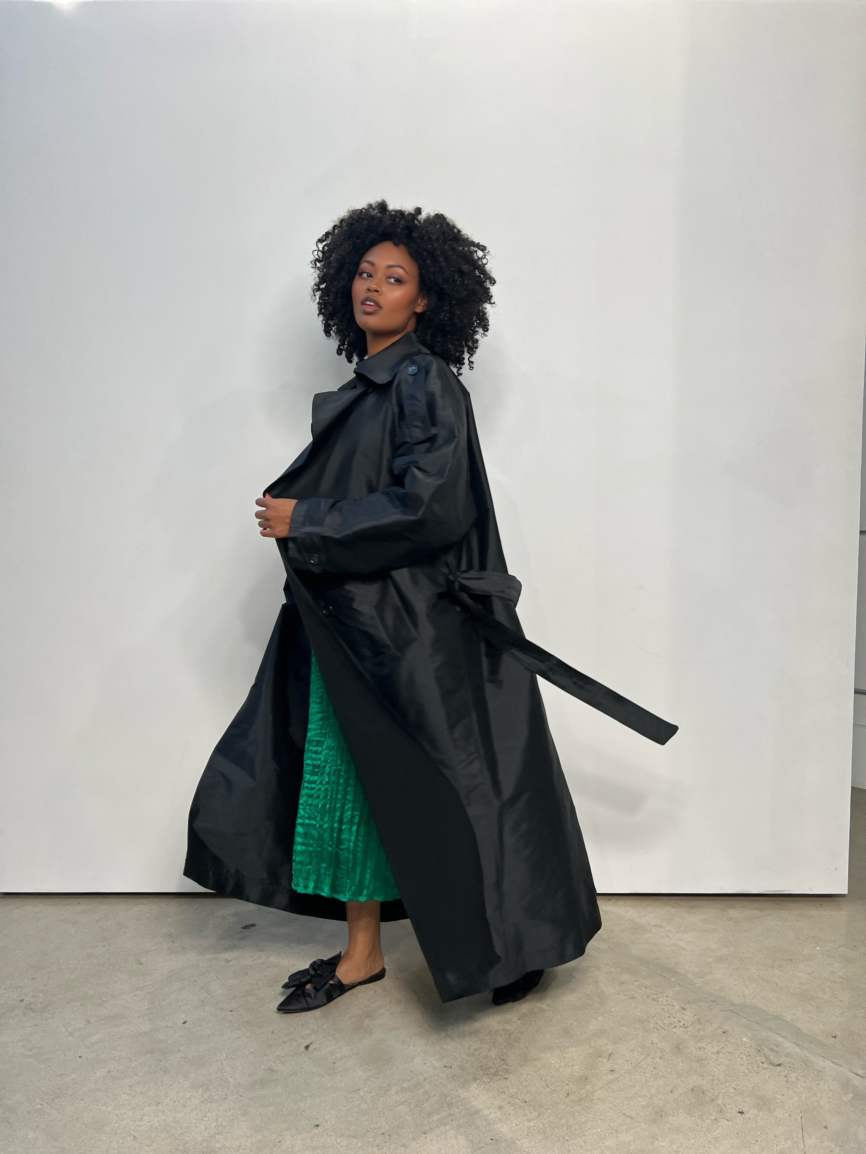 Delia Long Oversized Trench- Black Dupioni