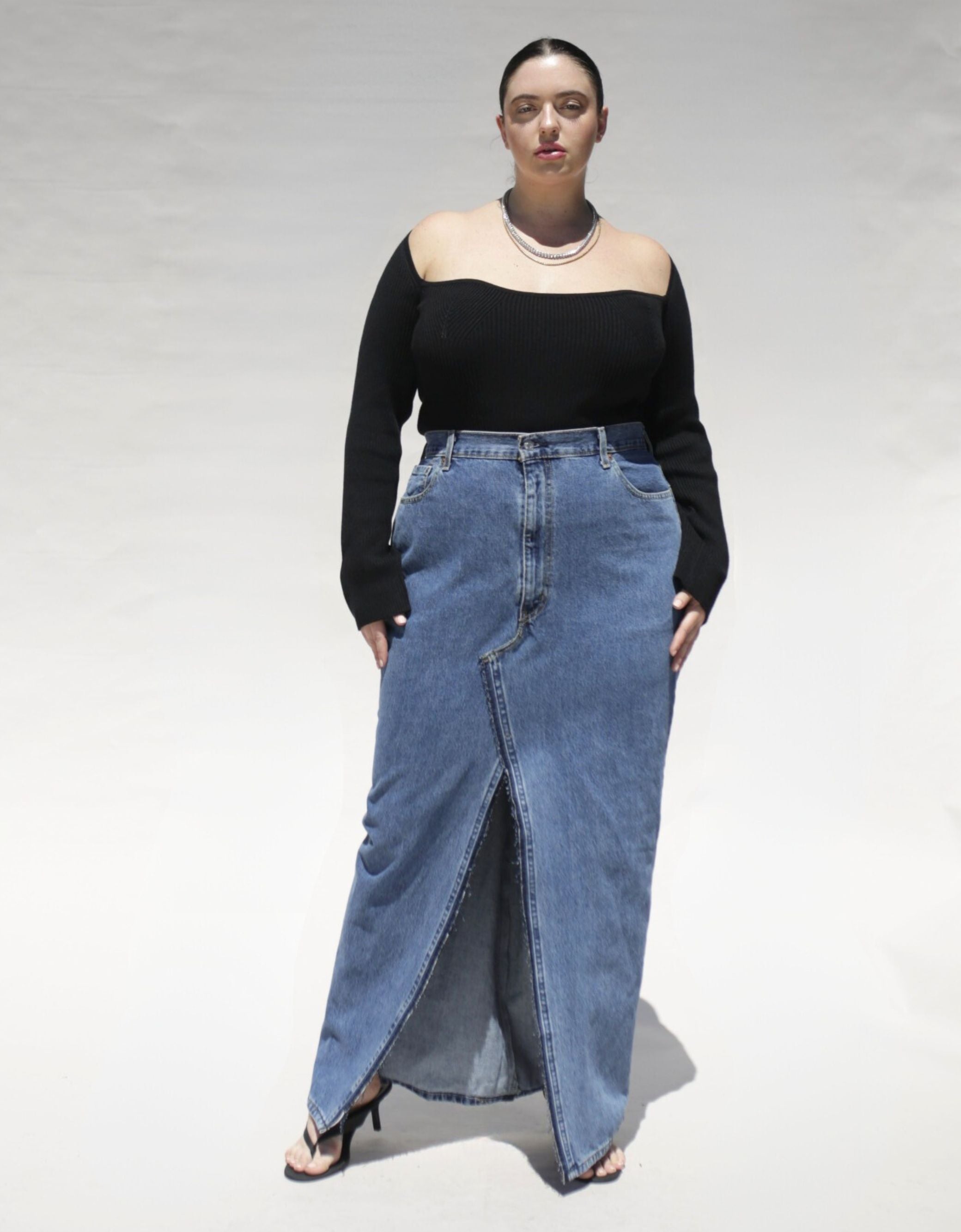 Deconstructed Reconstructed Denim Maxi Slit Front Skirt