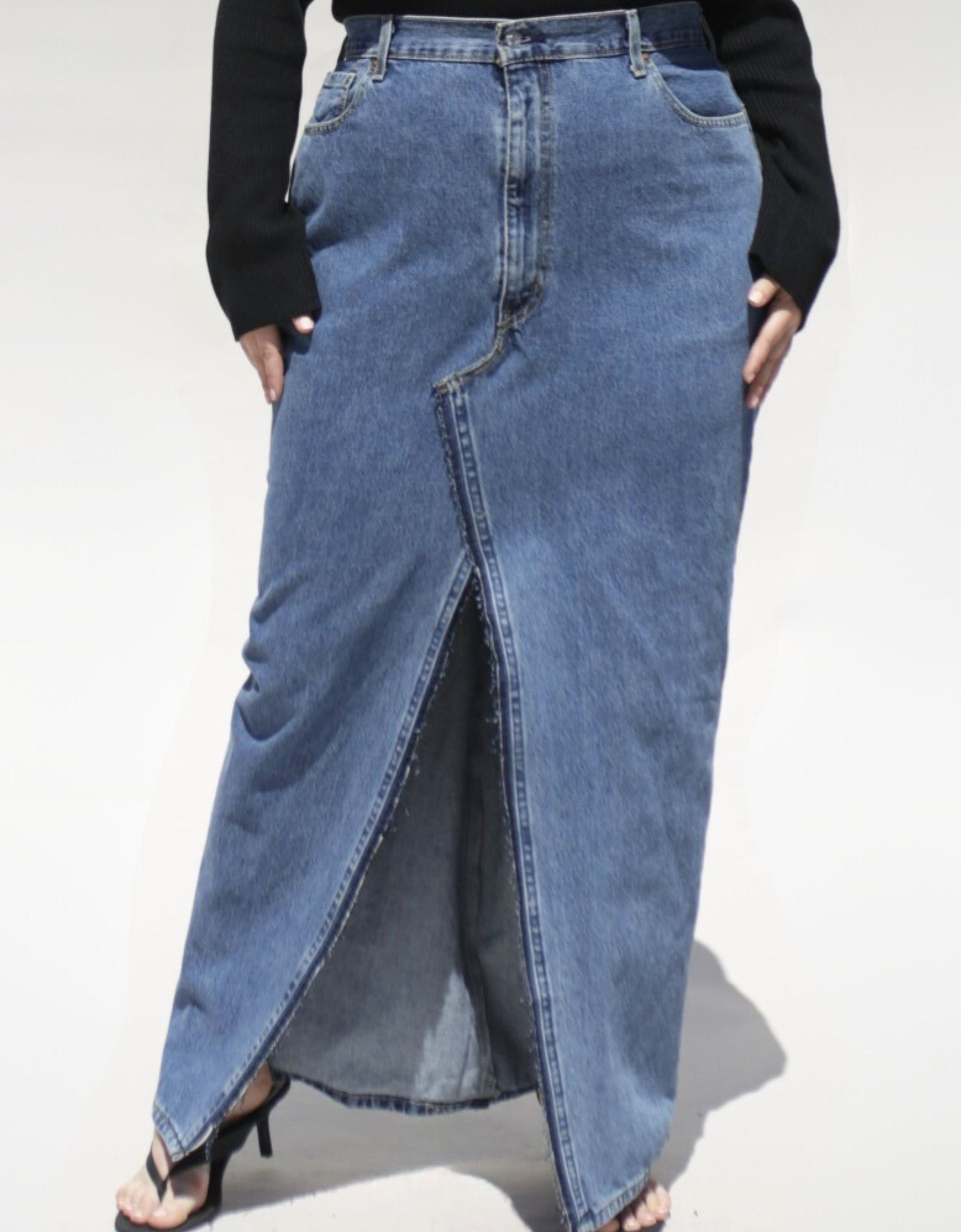 Deconstructed Reconstructed Denim Maxi Slit Front Skirt - Designed to fit the "True Size Majority" sizes 10+