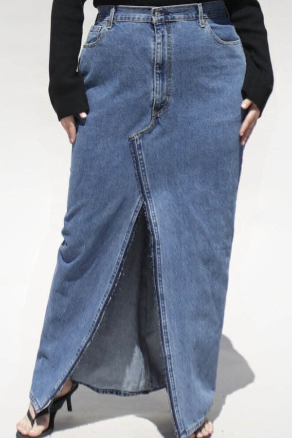 Deconstructed Reconstructed Denim Maxi Slit Front Skirt - Designed to fit the "True Size Majority" sizes 10+